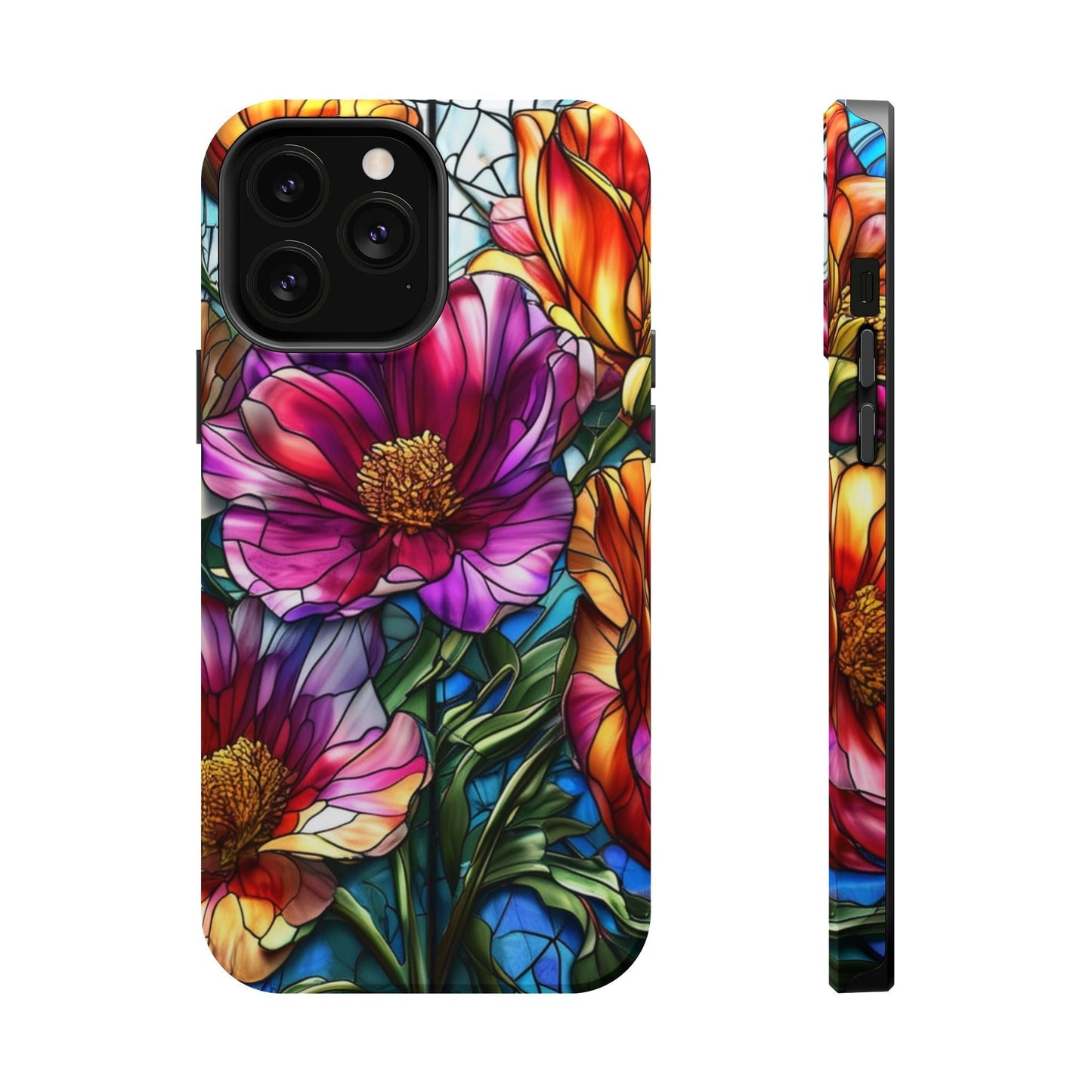 Vibrant purple flower iPhone case with detailed floral design, durable polycarbonate and TPU protection, MagSafe compatible phone cover