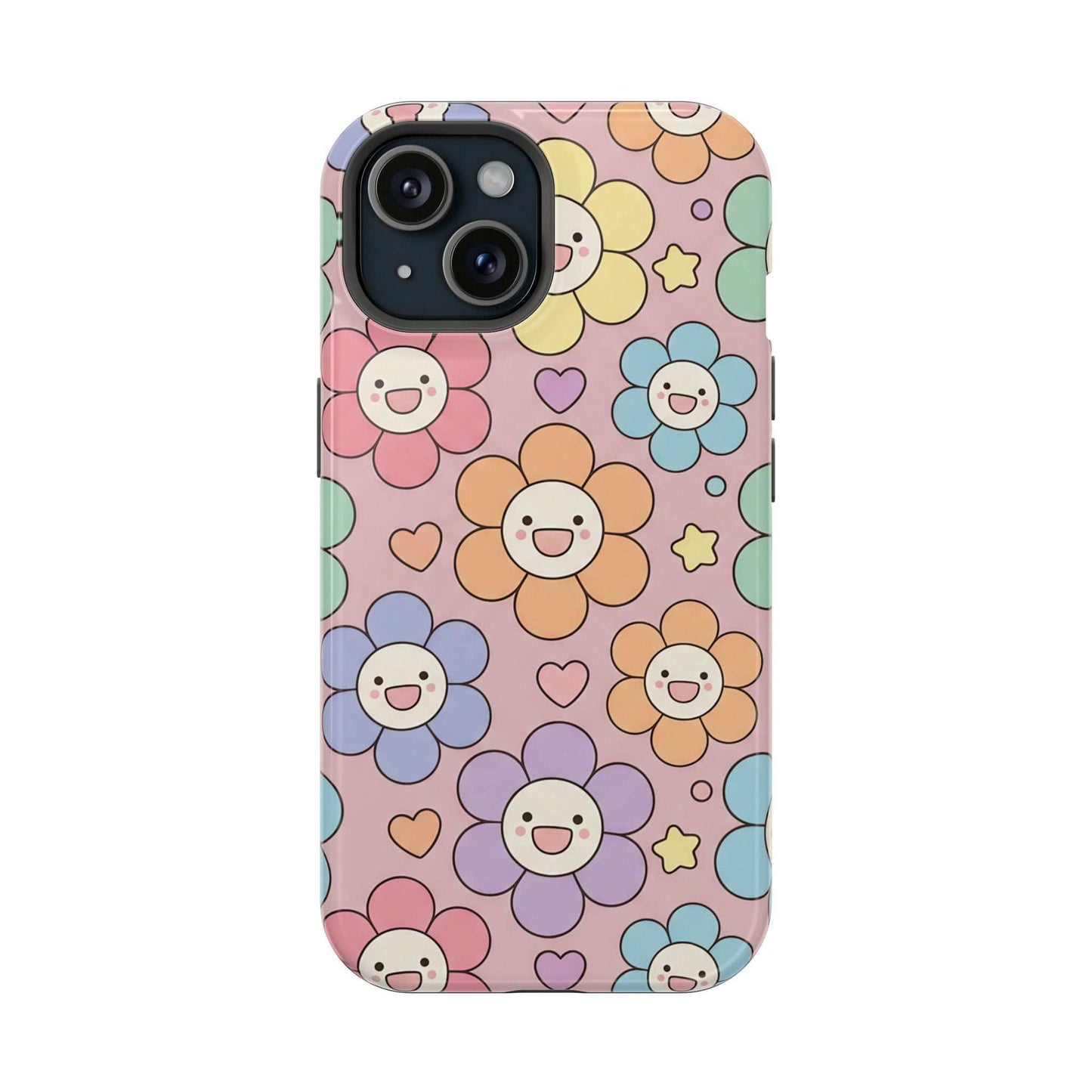 Happy Flower iPhone Tough Case with colorful smiling floral design and MagSafe compatibility