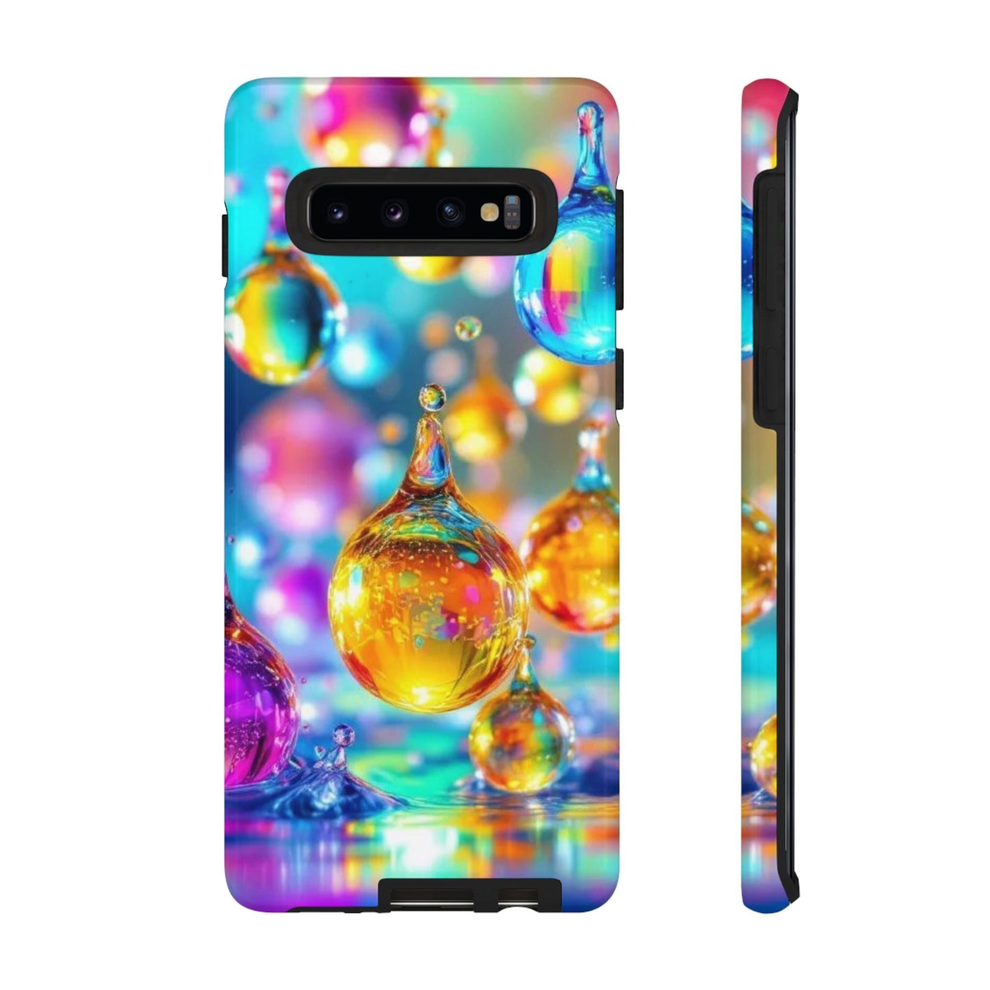Samsung phone case with vibrant 3D golden raindrop design, durable and protective for Galaxy models