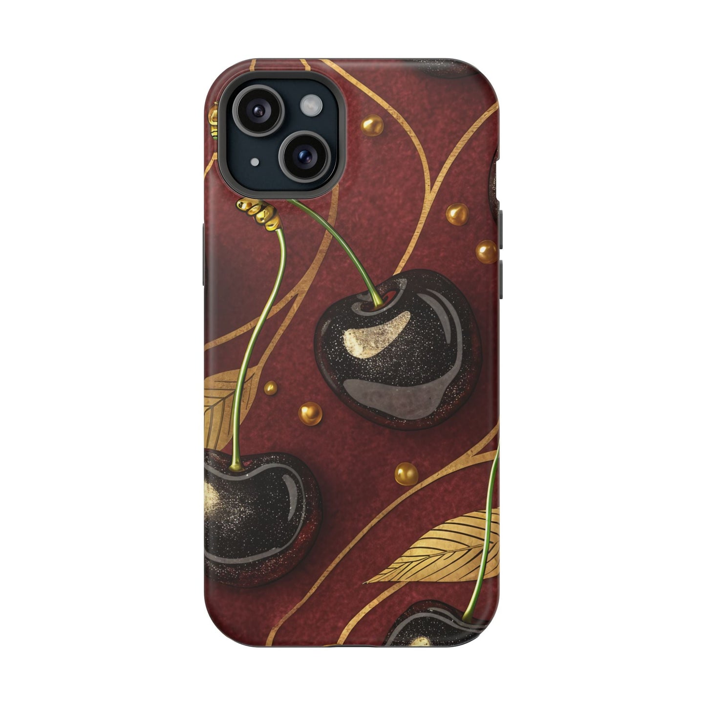 Golden Cherry iPhone Tough Case with cherry-gold design, durable protection, and MagSafe compatibility