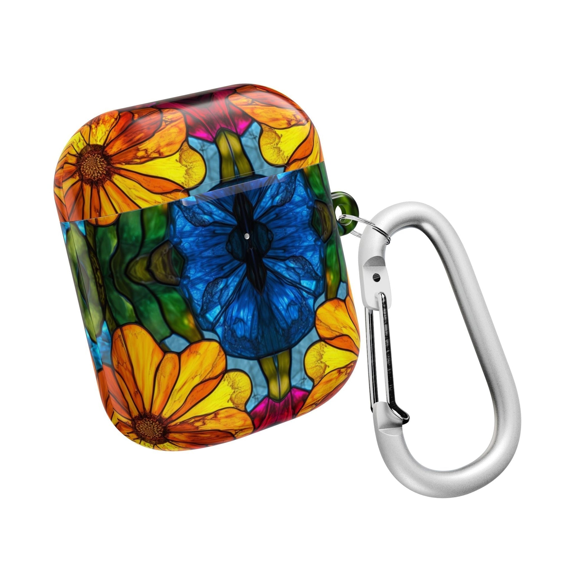 Colorful floral pattern AirPods case with carabiner clip for protection and easy carrying