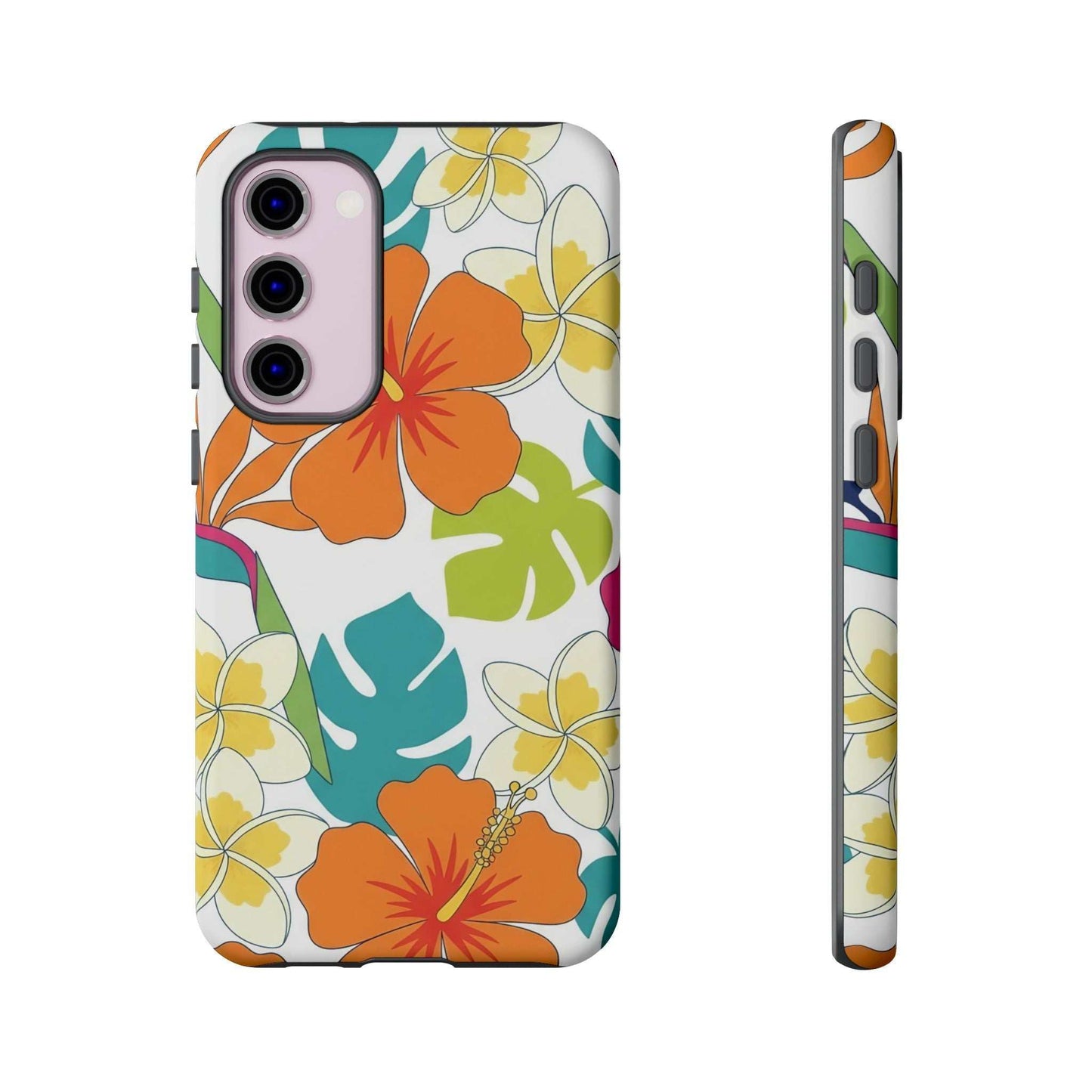 Orange floral Samsung case with vibrant hibiscus design and durable protective cover