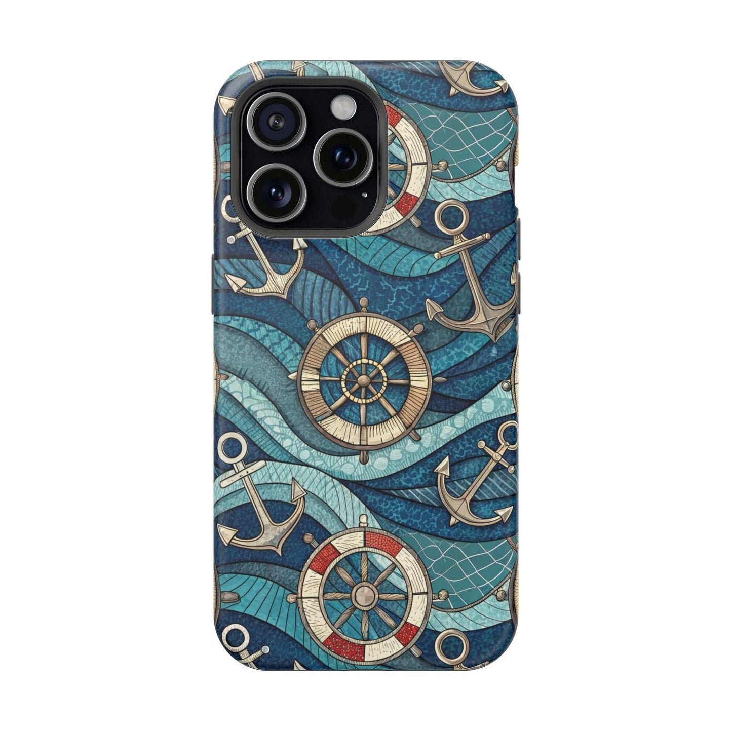 Nautical Theme iPhone Case with anchors and ship wheels on blue waves for iPhone 13-16, durable coastal style protection