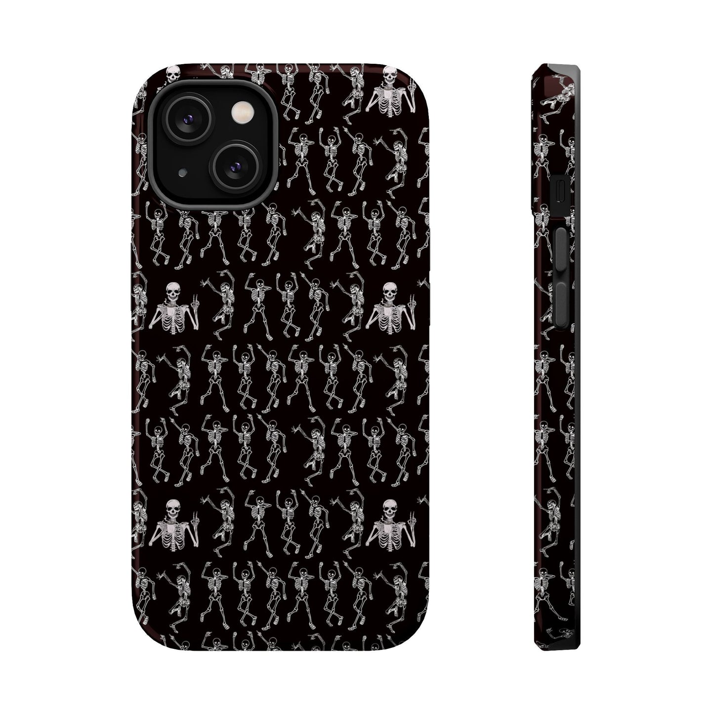 iPhone tough case with Dancing Skeletons Design in black, durable polycarbonate and TPU, MagSafe compatible, Halloween themed protection