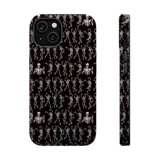 iPhone tough case with Dancing Skeletons Design in black, durable polycarbonate and TPU, MagSafe compatible, Halloween themed protection