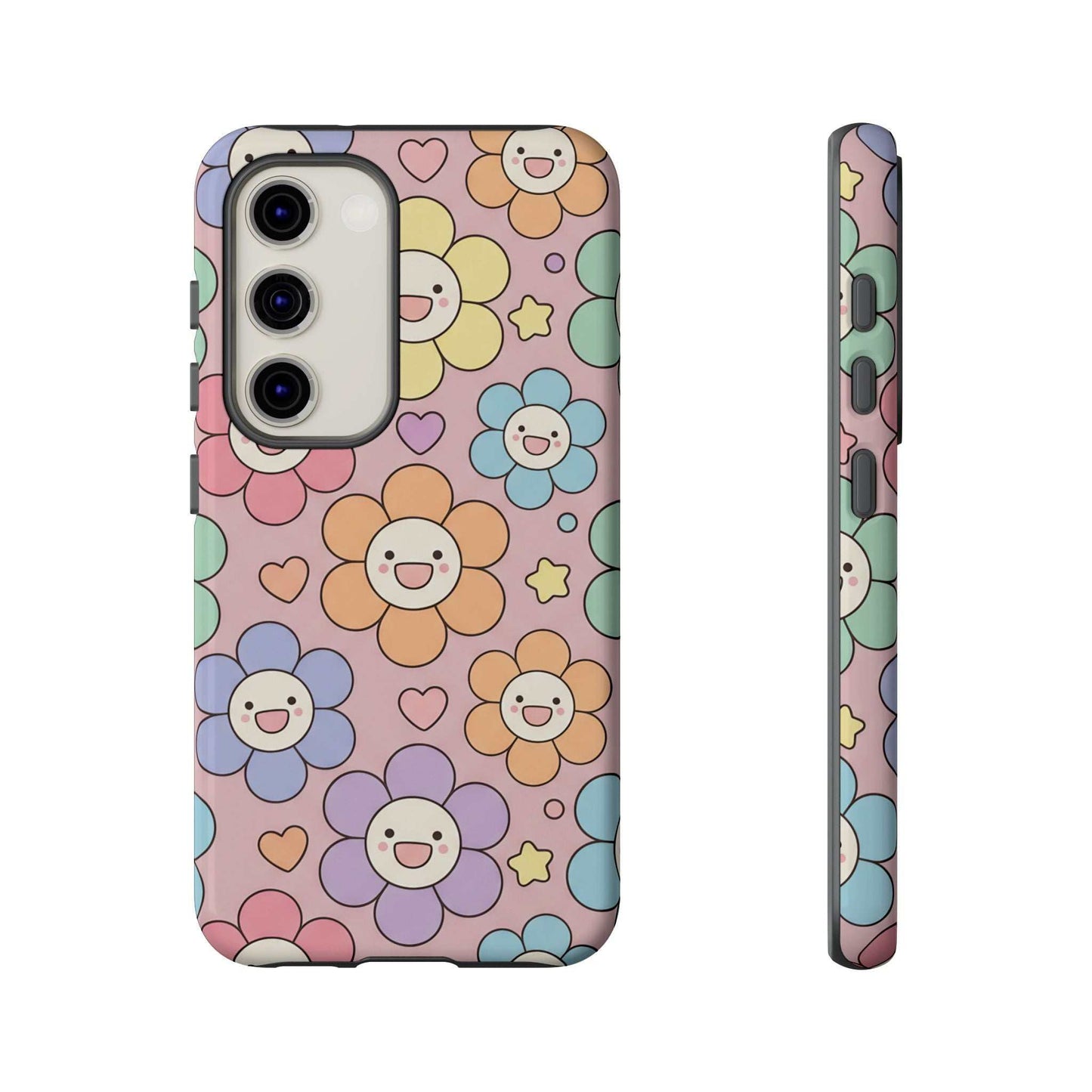 Happy Flower Samsung Phone Case with colorful smiling flower pattern and heart shapes, dual-layer protective design for Samsung phone.