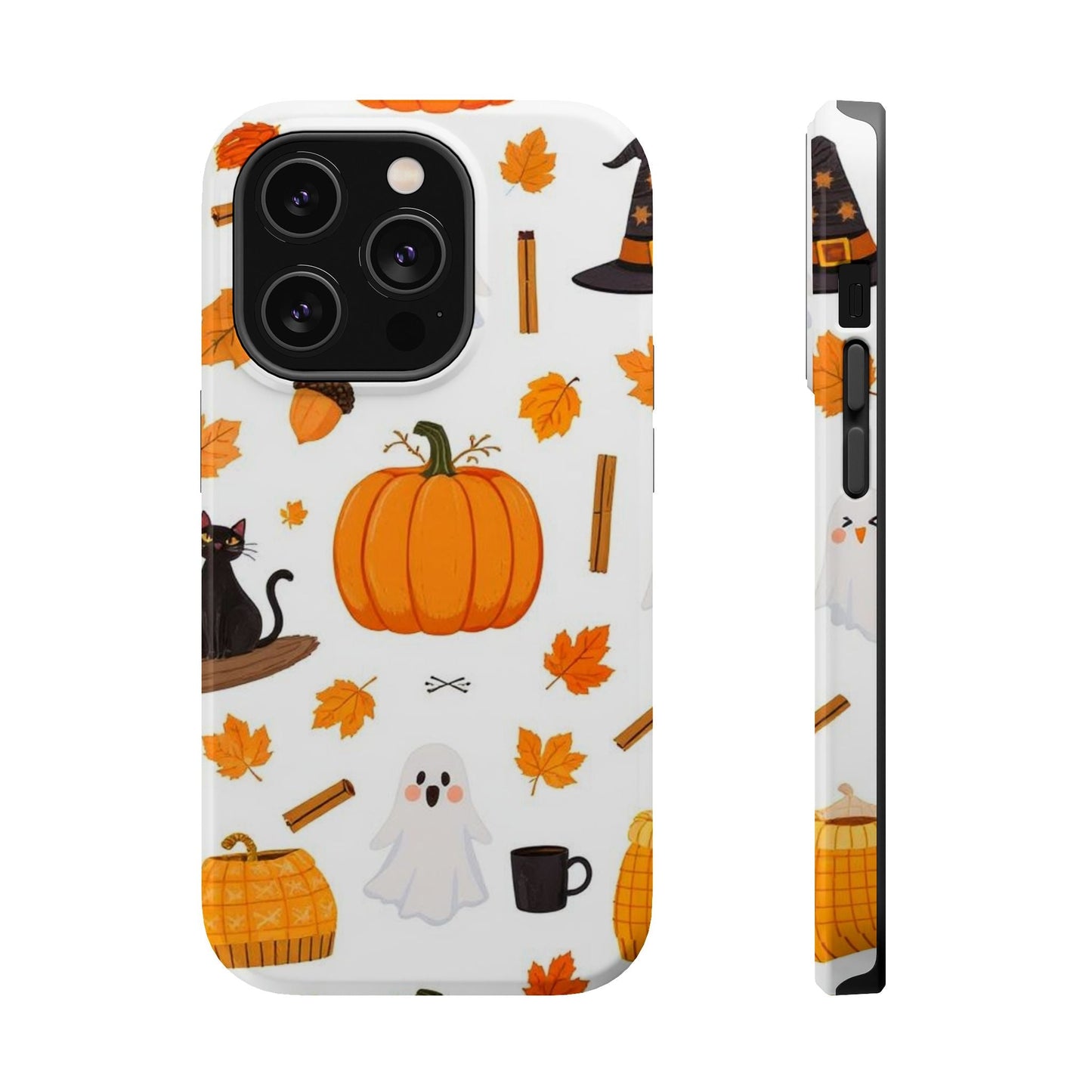Halloween Pumpkins iPhone case with festive pumpkins, ghosts, autumn leaves, and black cat design, durable protective cover with MagSafe compatibility