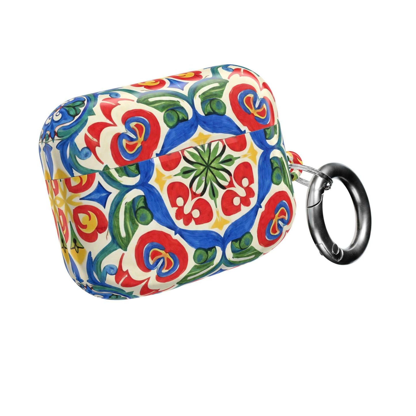 Mediterranean hand-painted folk tile design AirPods case with carabiner and glossy finish