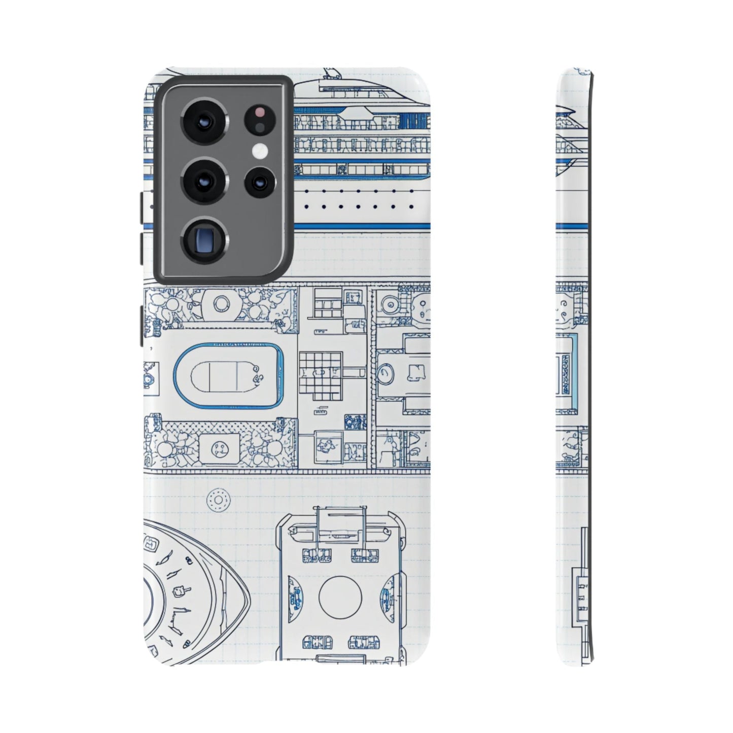 Samsung phone case with detailed blue and white cruise ship design print, offering durable impact protection and stylish 3D wrap for travel enthusiasts