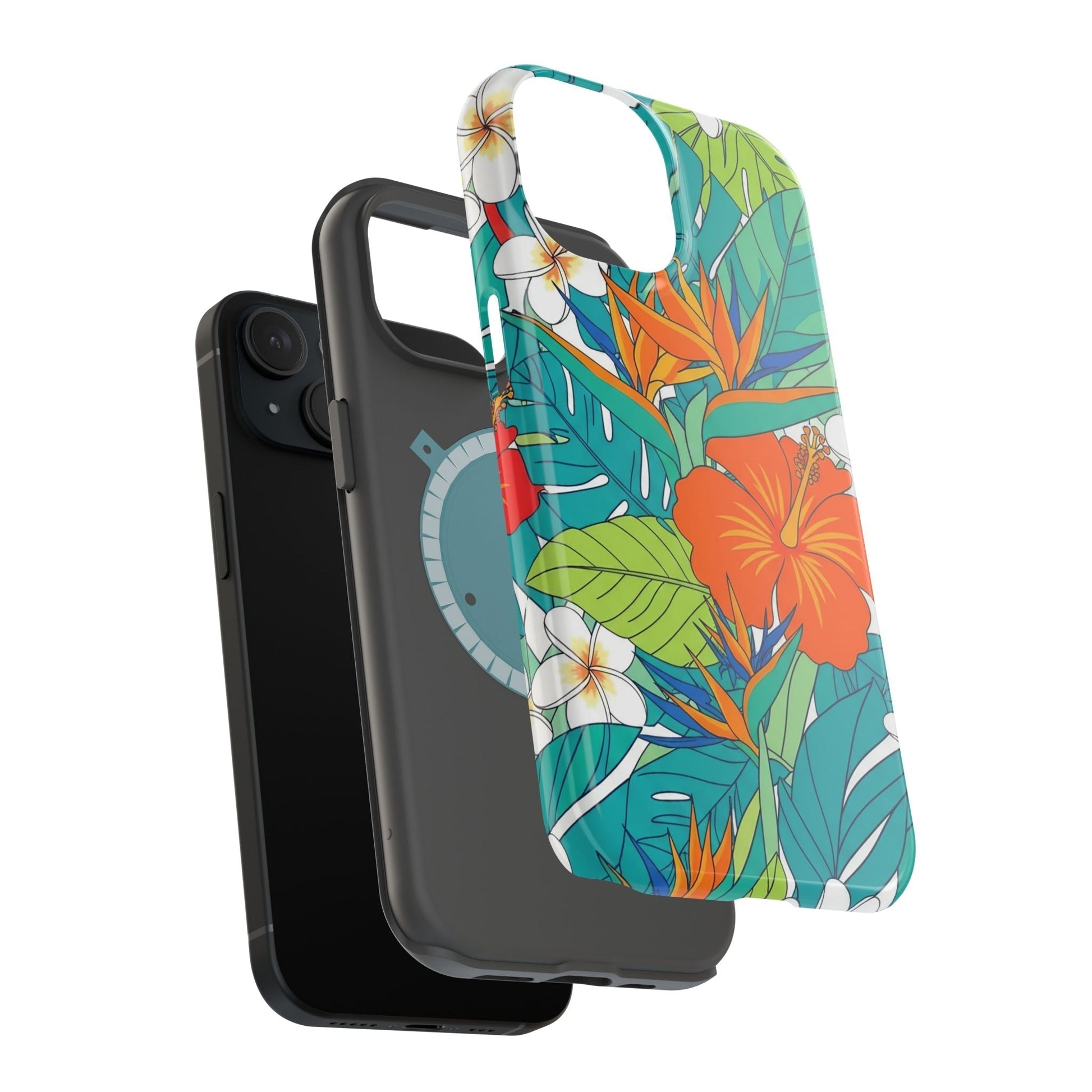 Vibrant floral iPhone case with colorful tropical flower design and durable polycarbonate construction, MagSafe compatible.