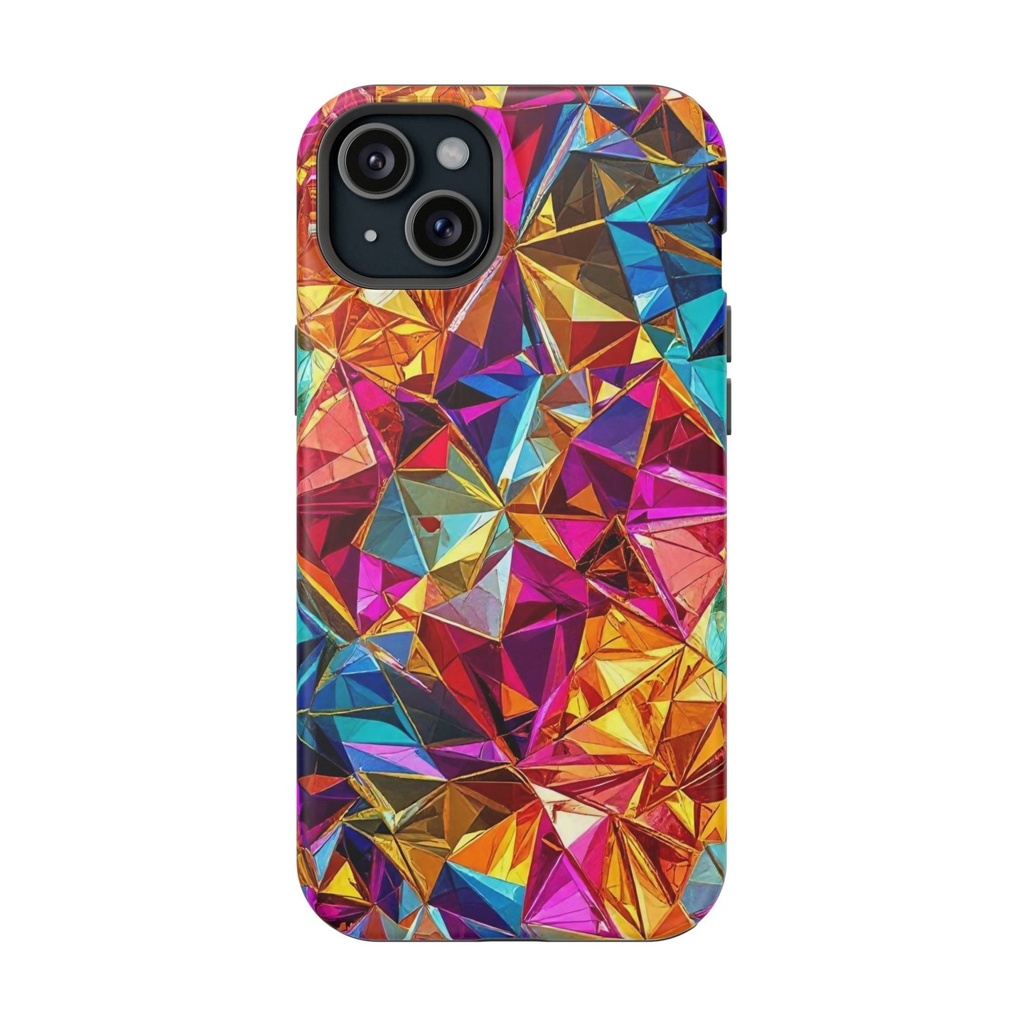 Colorful Rainbow Foil iPhone Tough Case with glossy finish and MagSafe compatibility, featuring vibrant geometric patterns for strong protection.