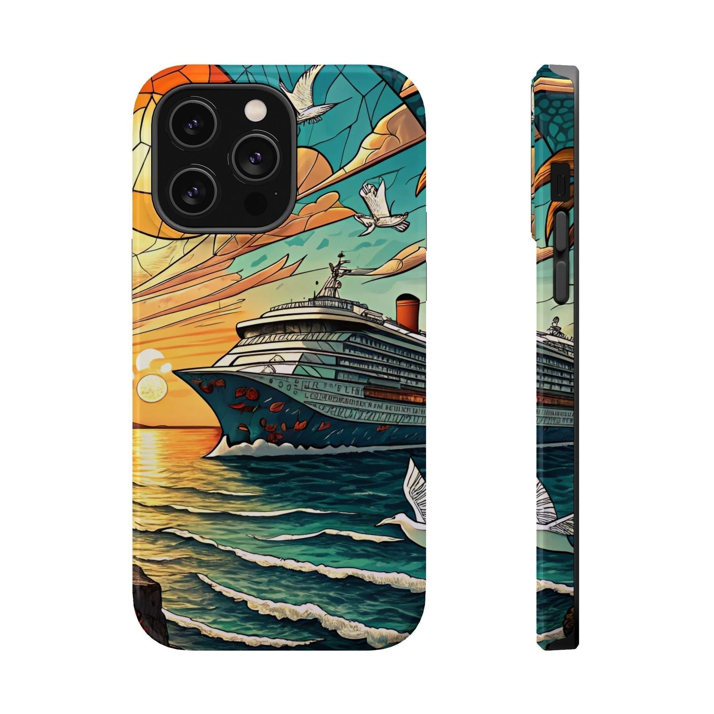 Cruise Vacation iPhone tough case with durable dual-layer protection and vibrant ocean cruise design featuring a sunset and seagulls, compatible with MagSafe® accessories.