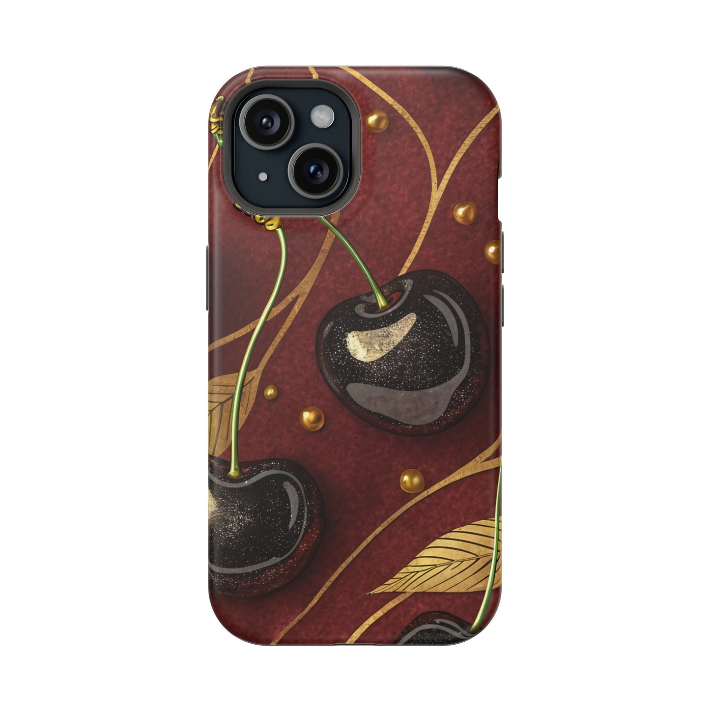 Golden Cherry iPhone Tough Case with vibrant cherry-gold design and durable MagSafe compatible protection