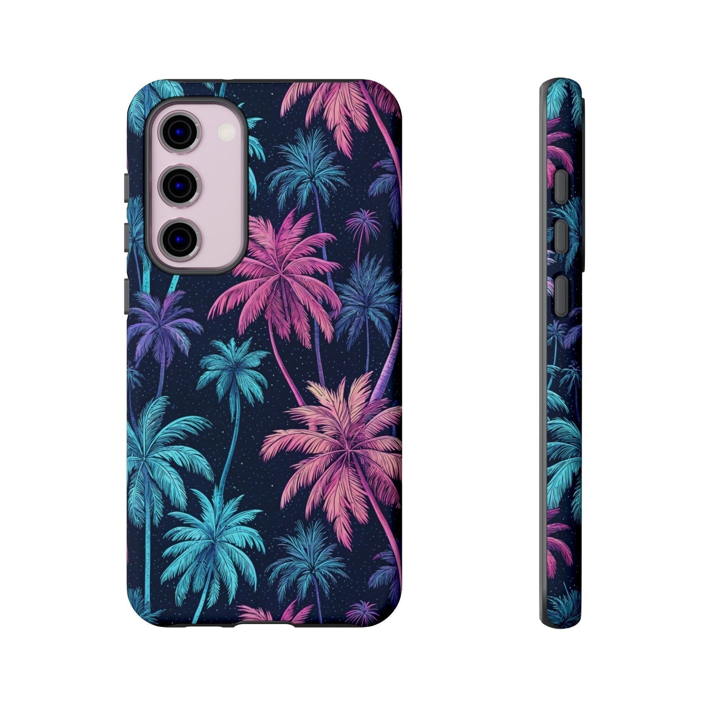 Samsung phone case with colorful neon palm tree design, durable and vibrant protective cover