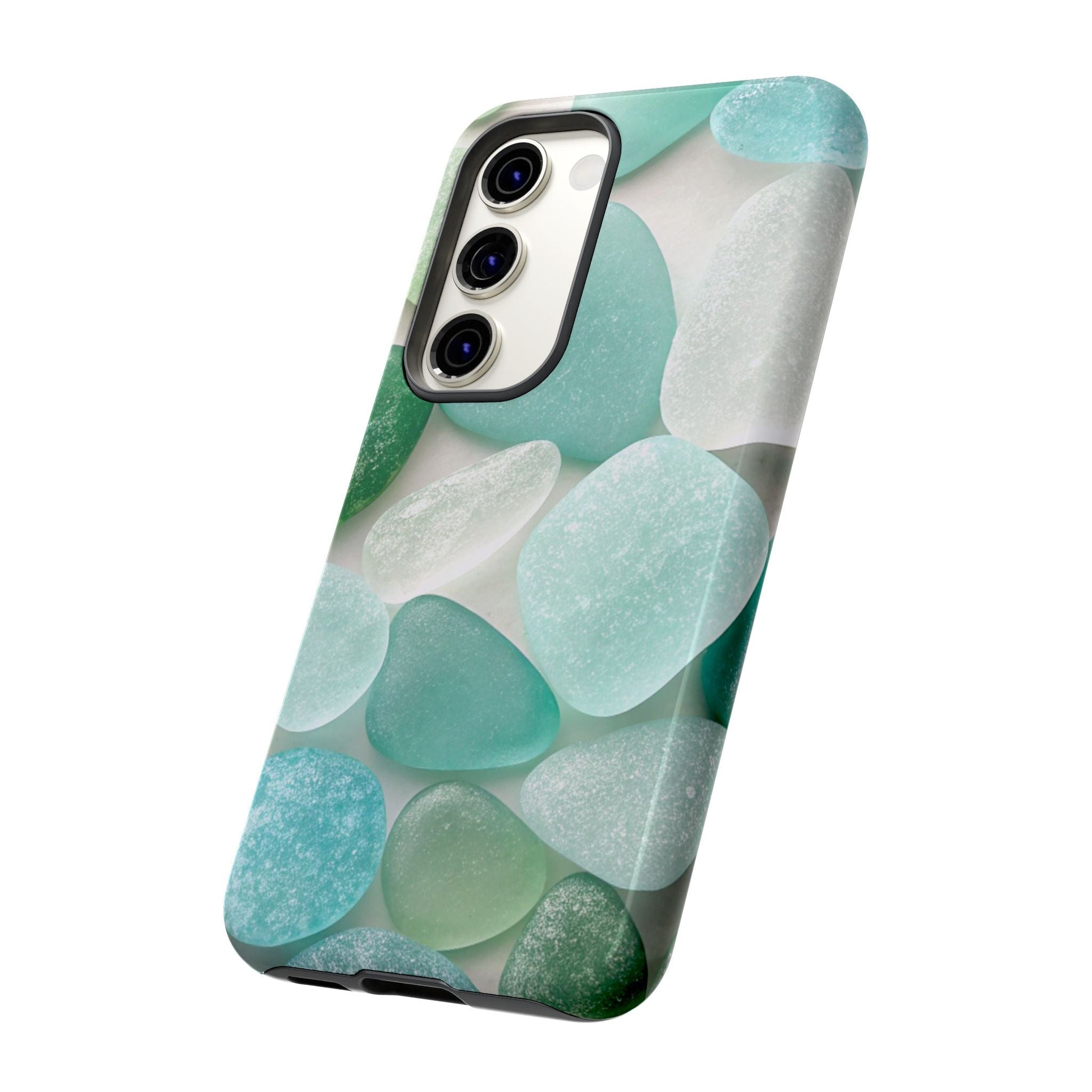 Samsung phone case with sea glass design in calming blue and green tones, tough protective cover