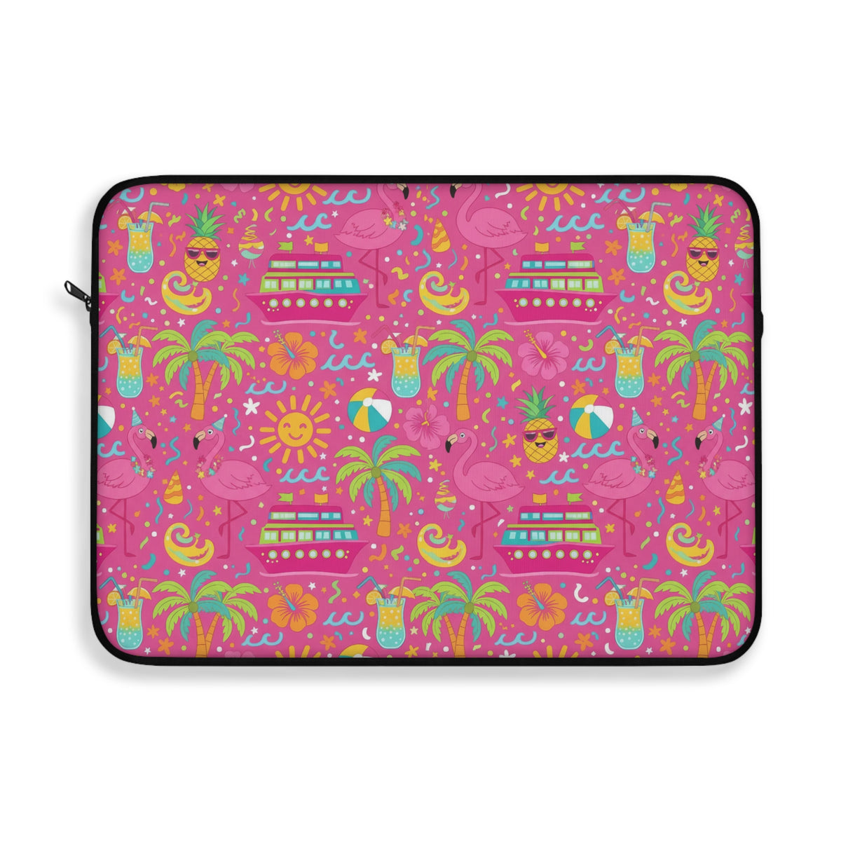 Pink laptop sleeve with a repeating pattern of flamingos, cruise ships, cocktails, and pineapples.