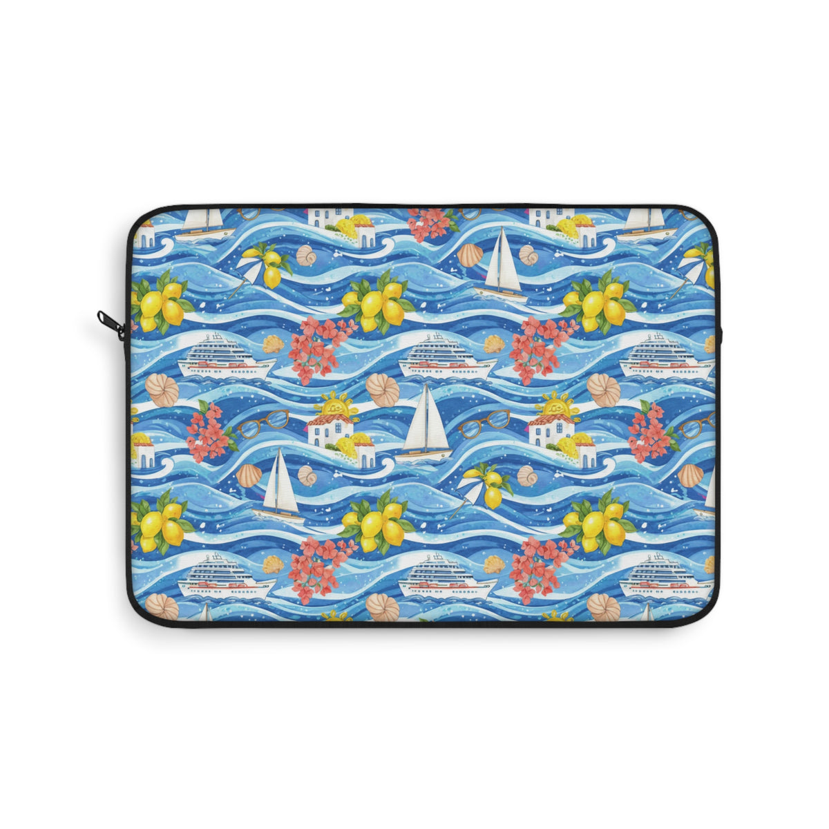 Laptop sleeve with a watercolor pattern of lemons, sailboats, cruise ships, and coastal houses on blue waves.