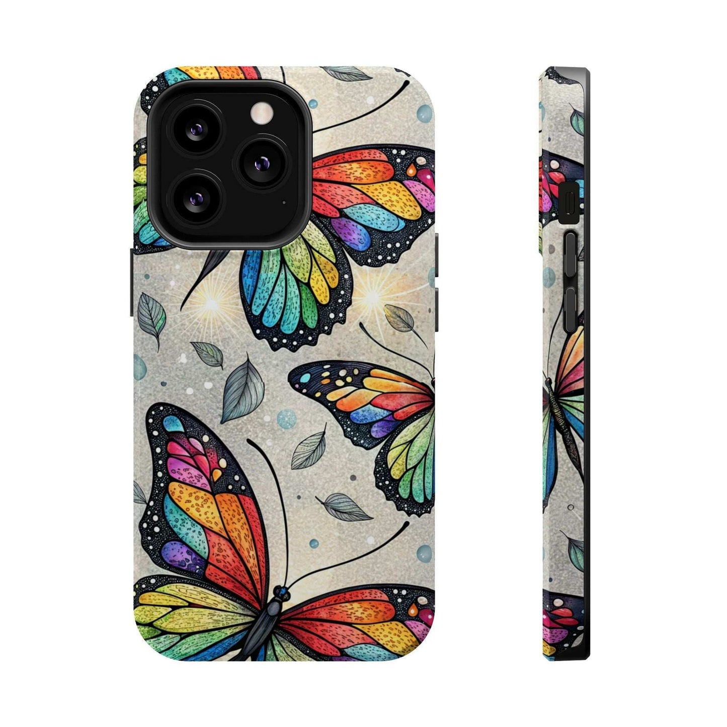 Vibrant Rainbow Butterfly iPhone case with colorful butterfly design and dual-layer protective MagSafe compatible cover