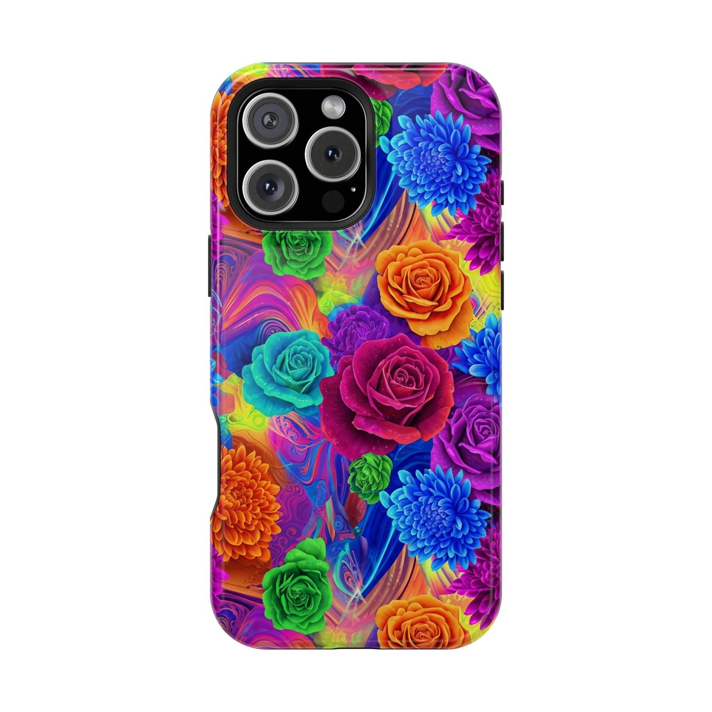 iPhone tough case with vibrant seamless floral pattern and impact-resistant dual-layer design