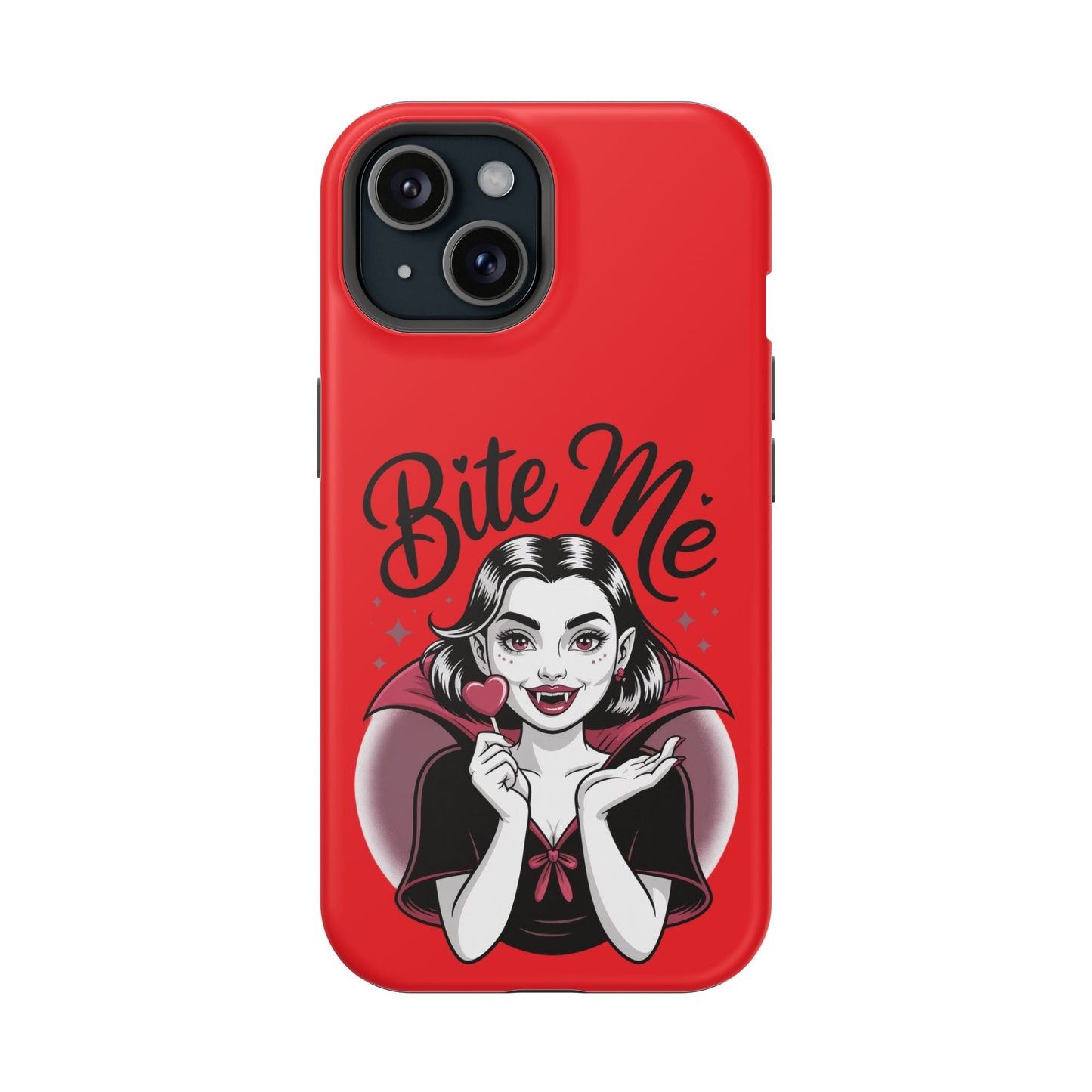 Halloween Vampire iPhone case with red background and vampire girl holding heart lollipop saying "Bite Me"