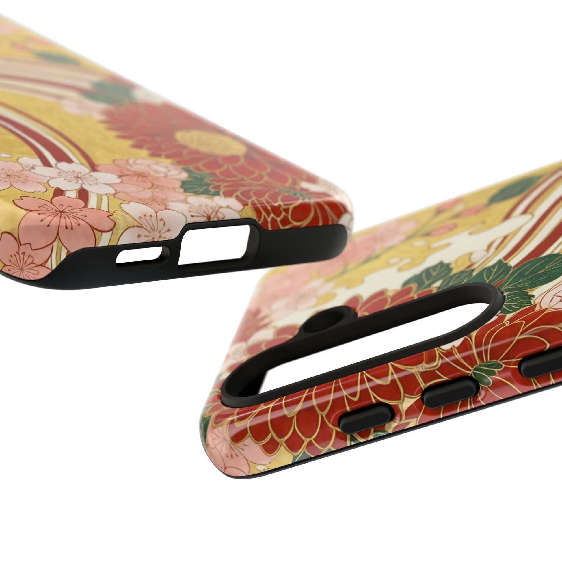 Samsung Case with Japanese floral gold chrysanthemum design, durable and impact-resistant phone cover with silicone liner and wireless charging compatibility