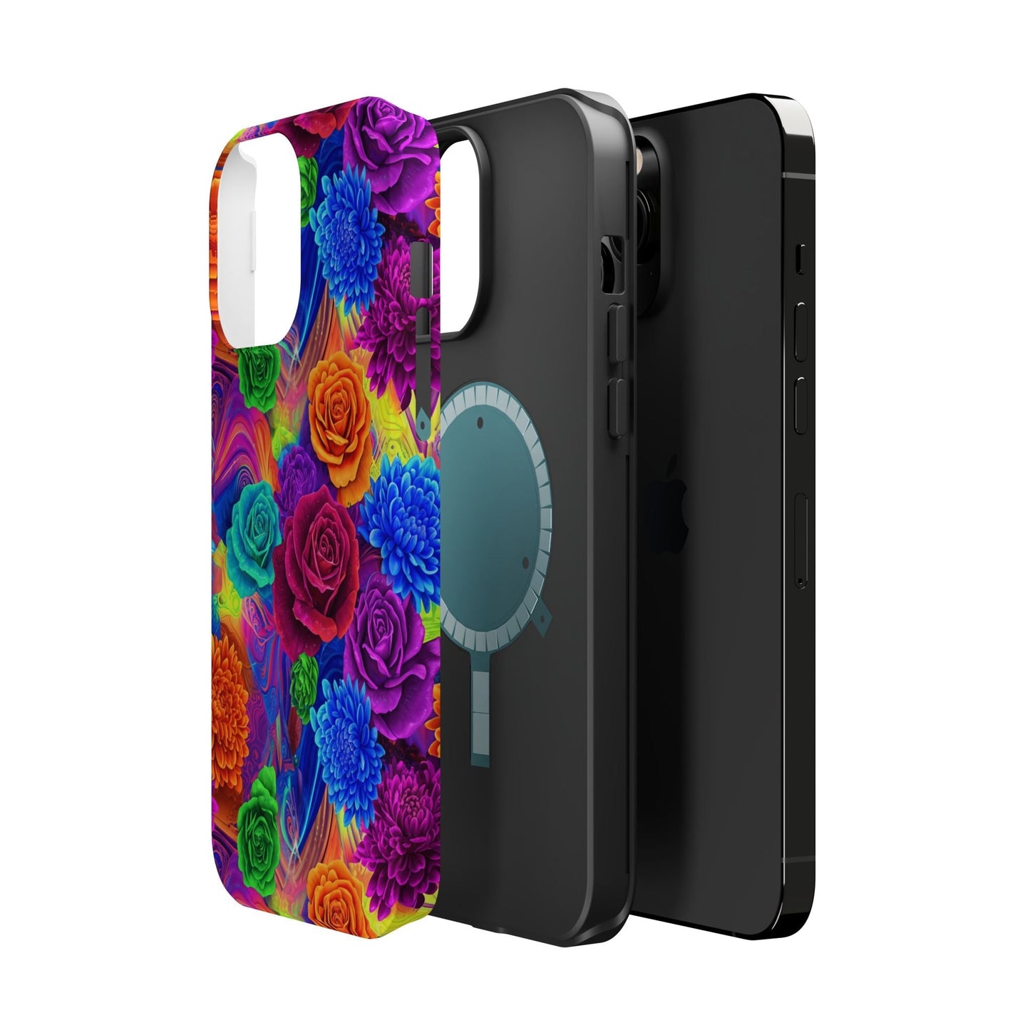 iPhone tough case with vibrant seamless floral pattern, impact-resistant polycarbonate and TPU dual layers, MagSafe compatible, glossy or matte finish