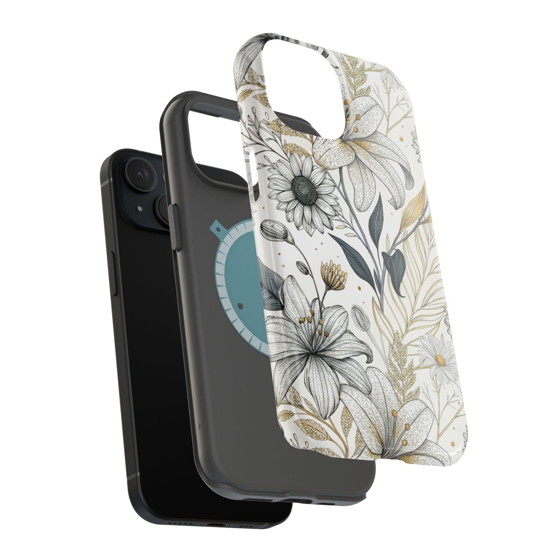 Golden Leaf Flower modern minimalist tough iPhone case with dual-layer protection and MagSafe compatibility