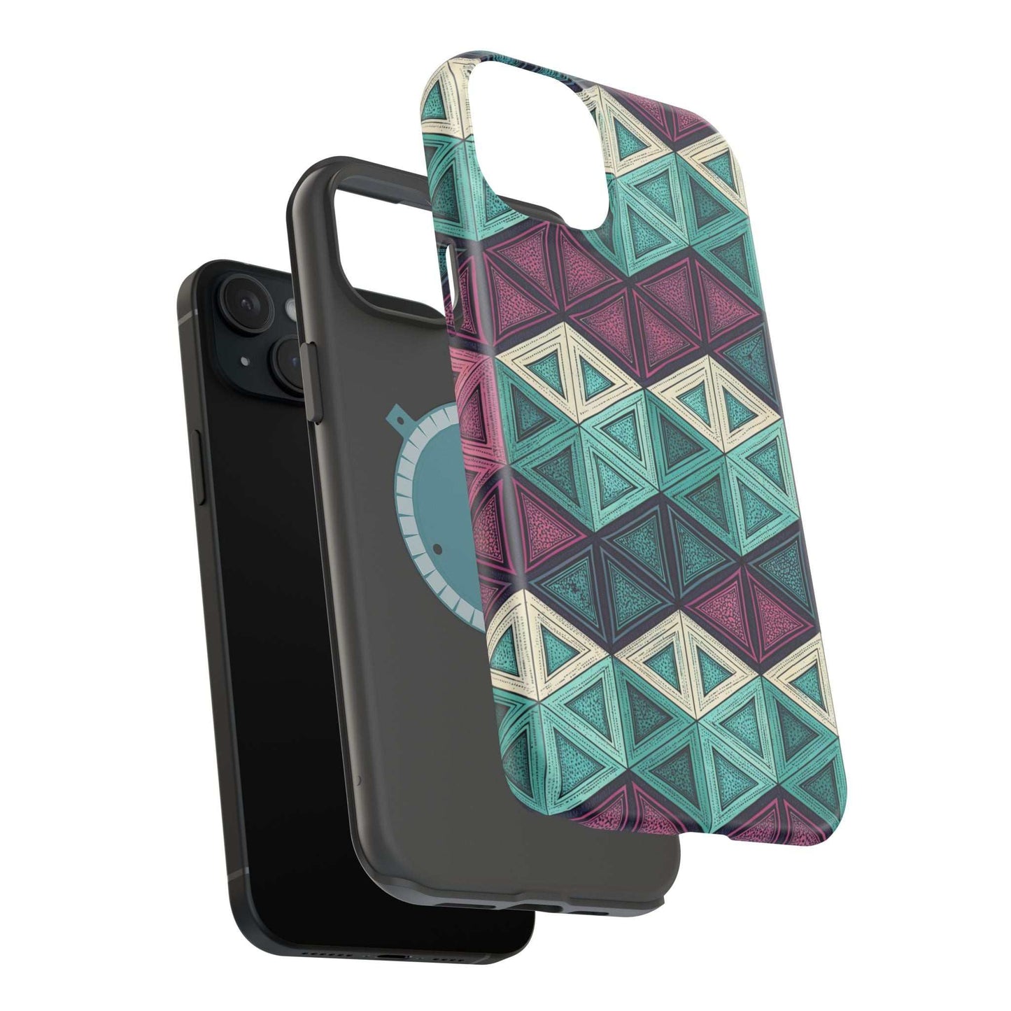 Purple and teal abstract geometric pattern magnetic iPhone tough case with MagSafe compatibility and dual-layer protection