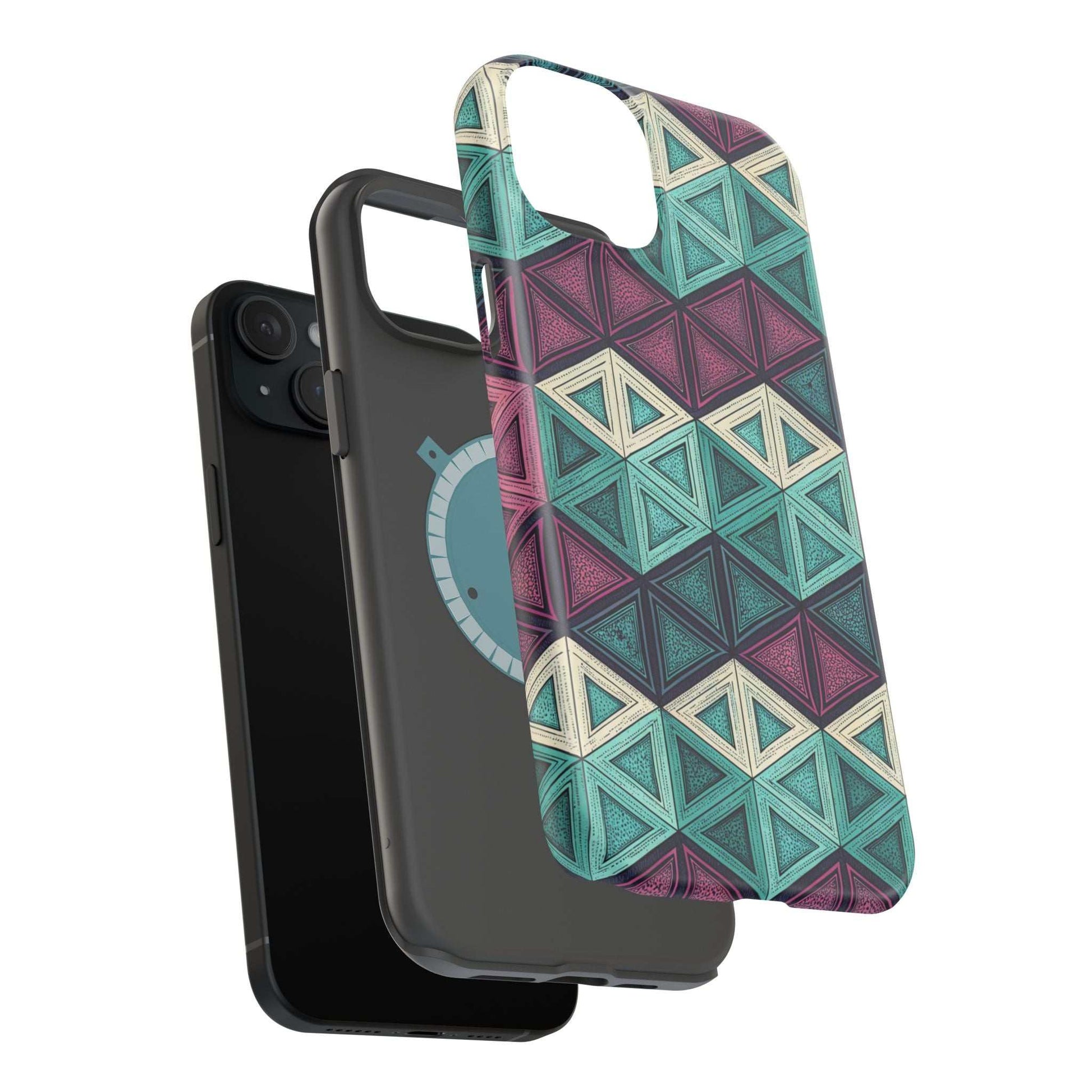 Purple and teal abstract geometric pattern magnetic iPhone tough case with MagSafe compatibility and dual-layer protection