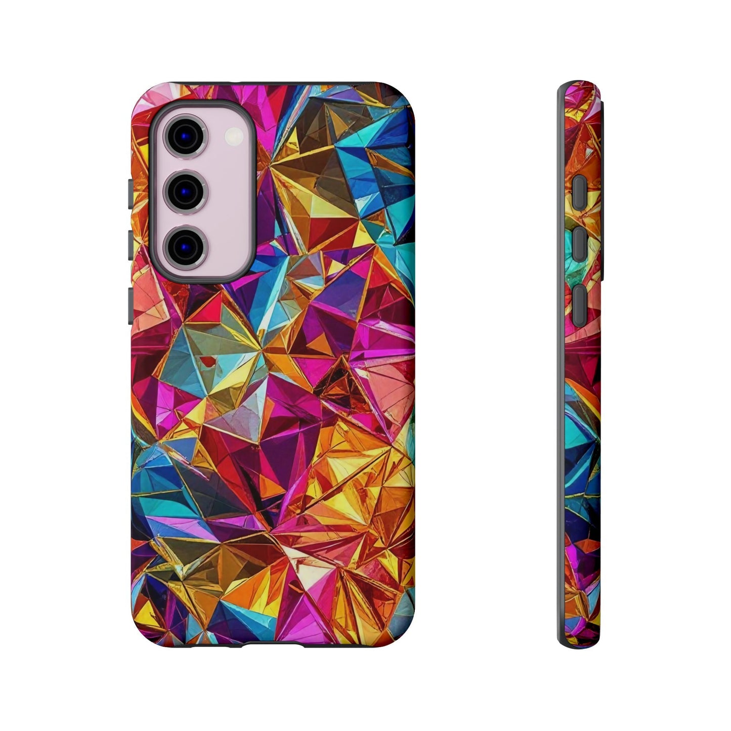 Samsung phone case with vibrant rainbow foil geometric design and durable protective build