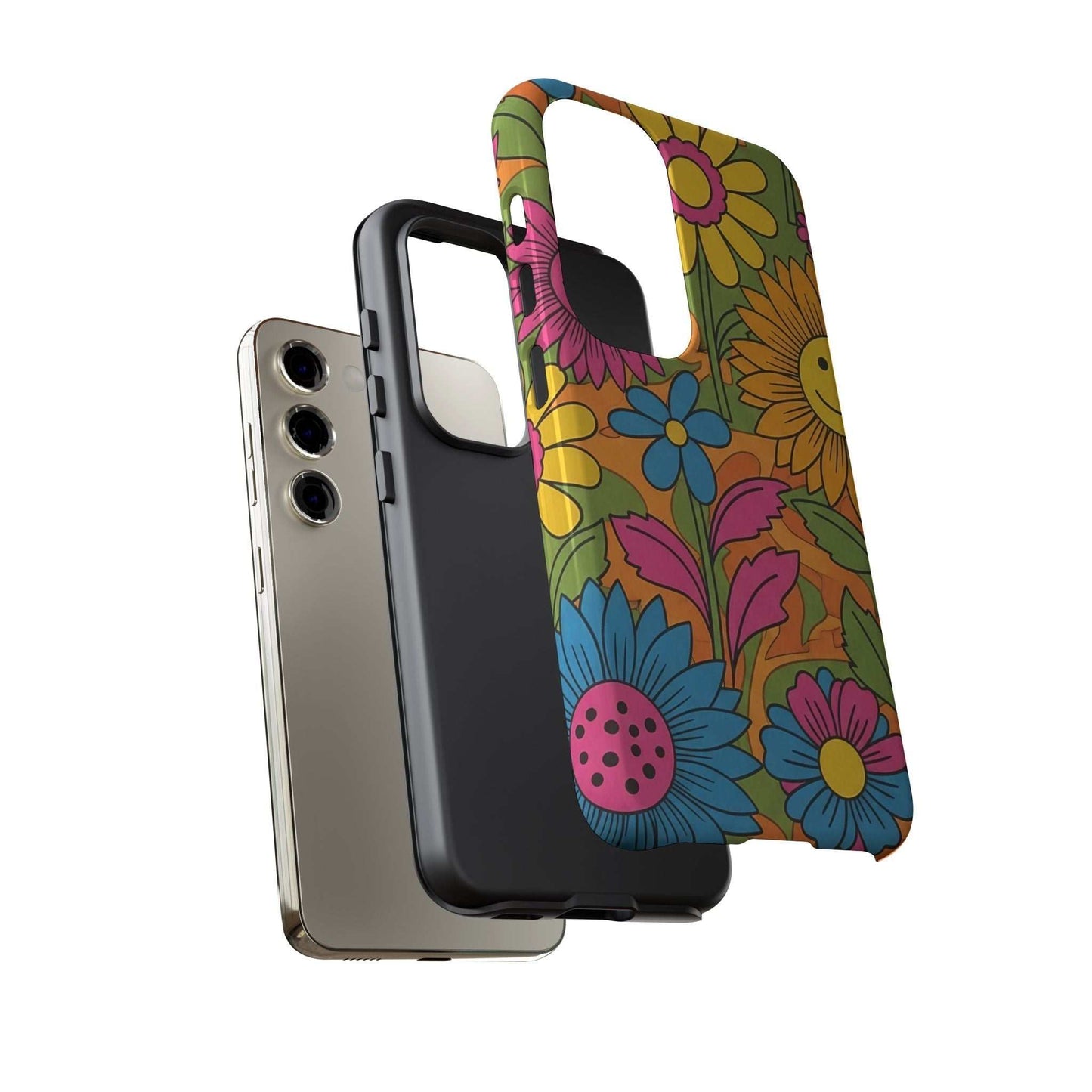 Samsung Phone Case with colorful retro flower power design and durable impact-resistant protection
