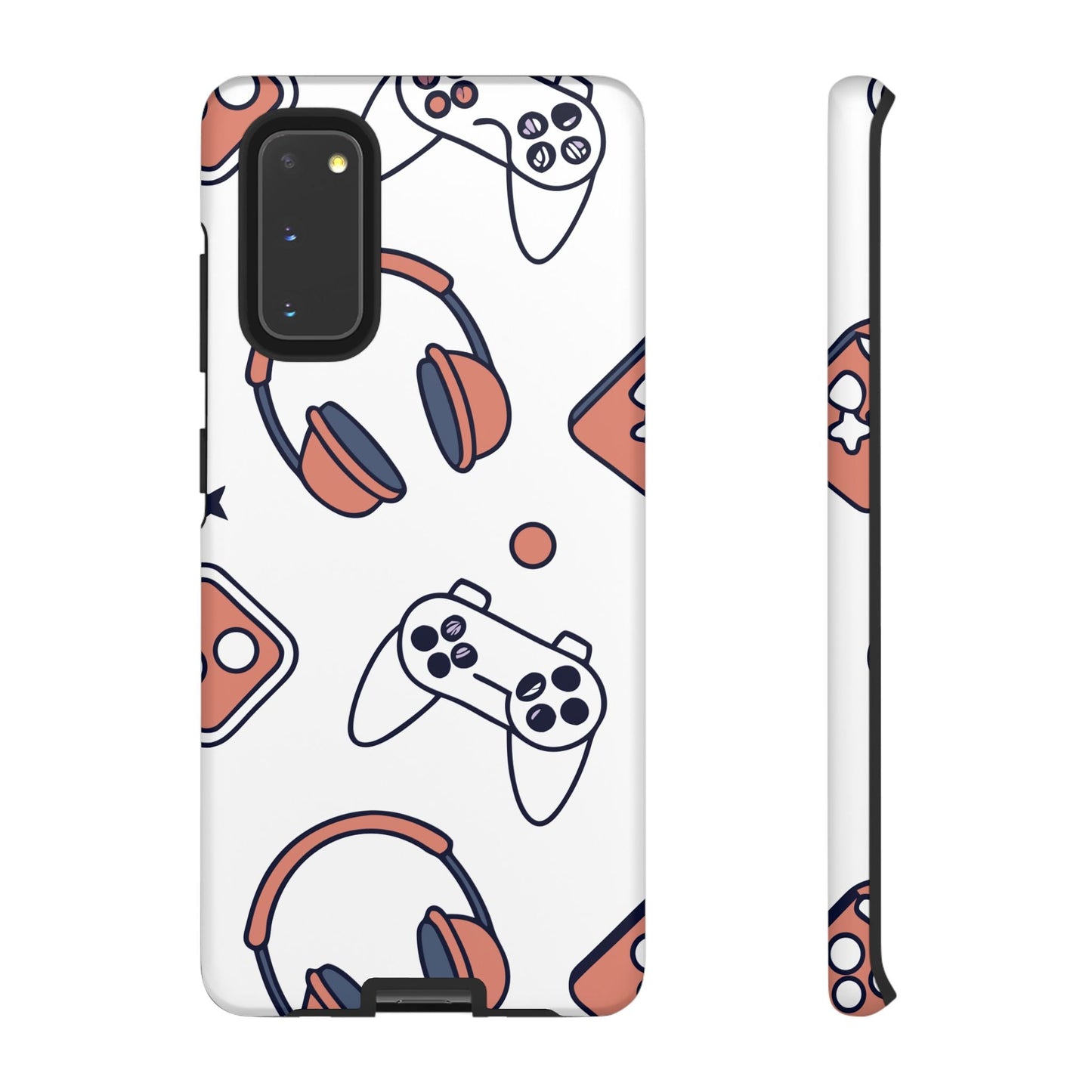 Samsung phone case with gamer design featuring controllers and headphones, durable and impact-resistant Gamer Tough Phone Case.