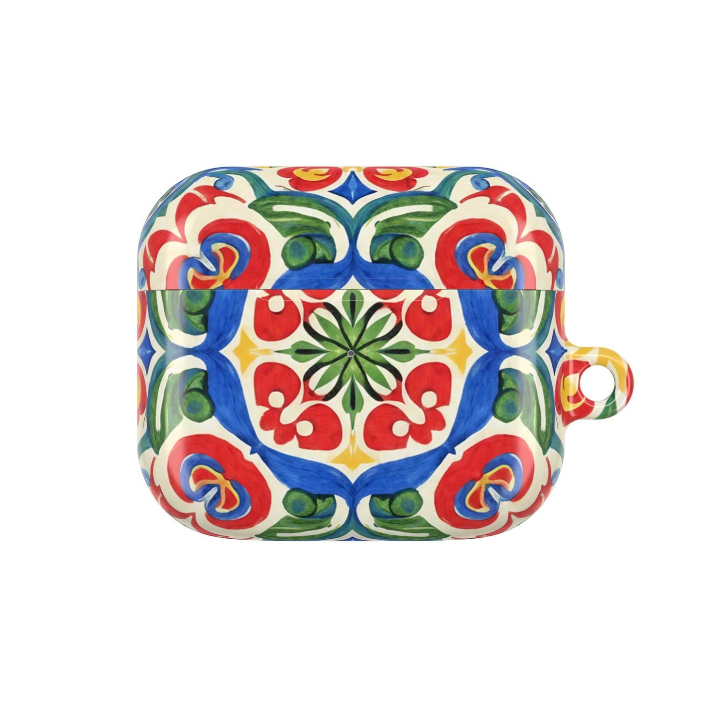 Mediterranean hand-painted folk tile design AirPods case with vibrant blue, red, green, and cream colors and carabiner loop