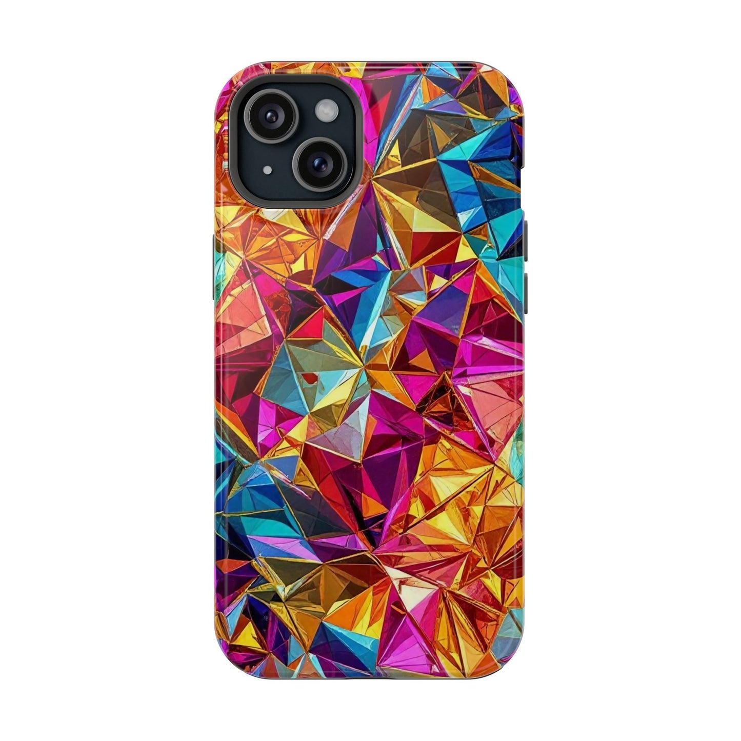 Colorful geometric rainbow foil iPhone tough case with glossy finish and MagSafe compatibility