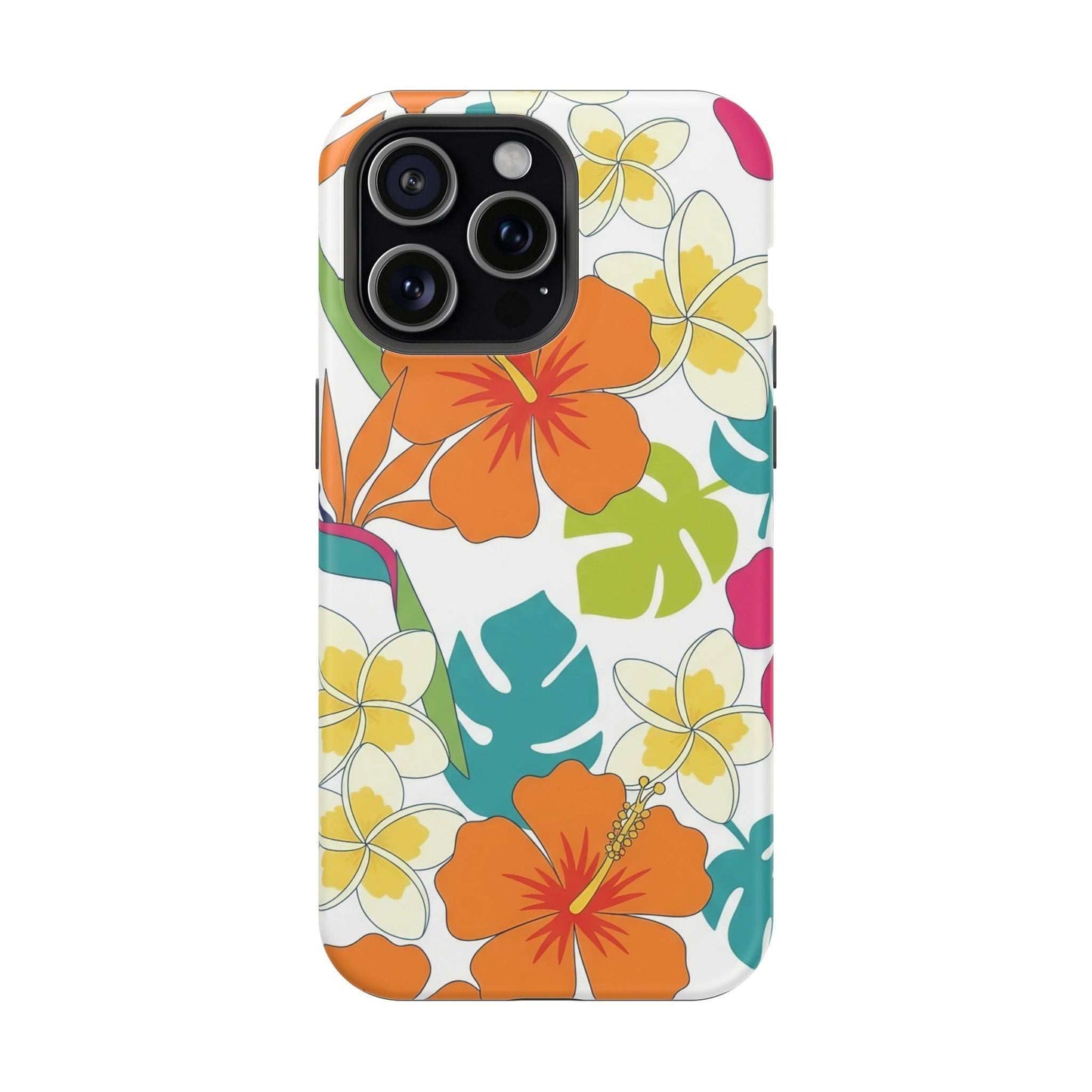 Floral iPhone case with orange tropical flowers and green leaves, magnetic impact-resistant design