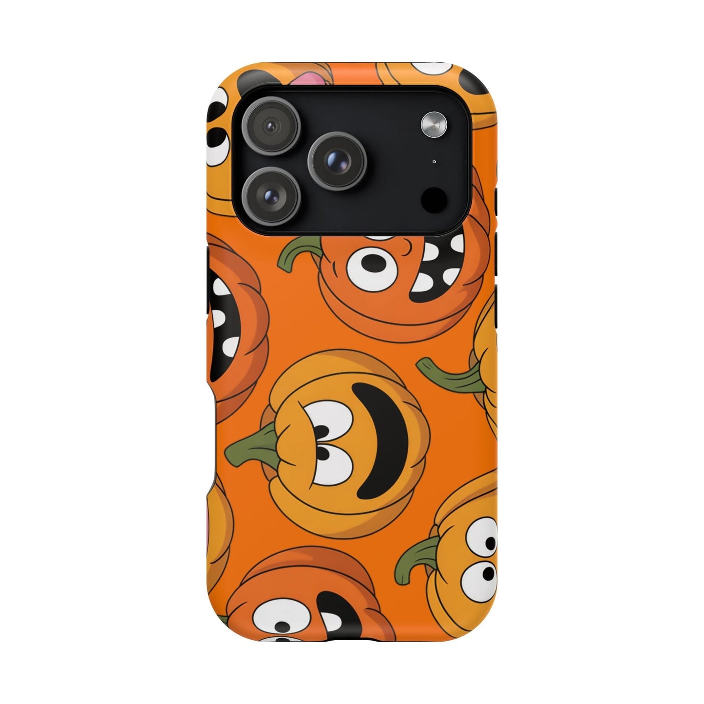 iPhone case with vibrant moody pumpkins design in orange Halloween theme