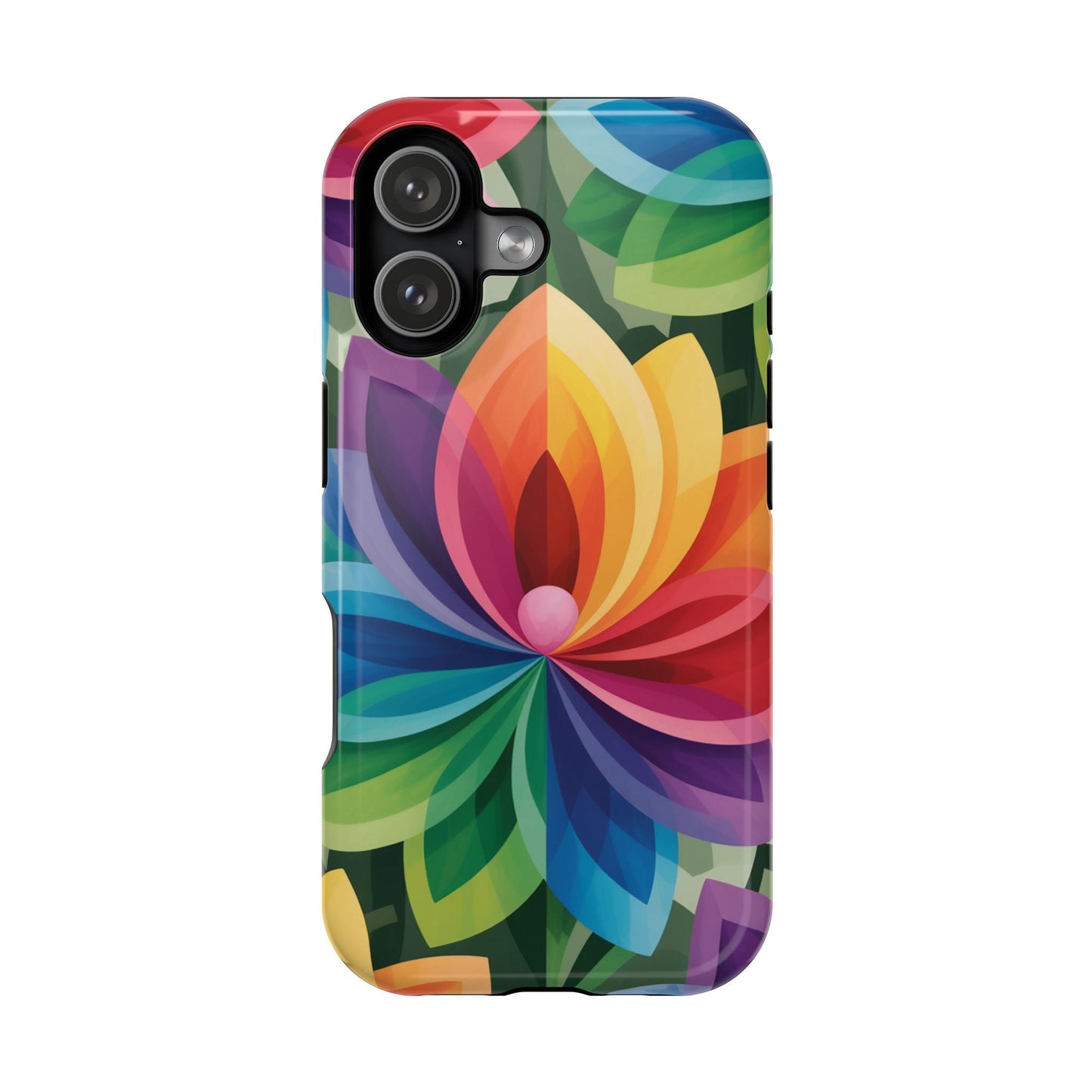 Rainbow Flower iPhone Case with vibrant colorful flower design, durable protective cover, and MagSafe compatibility