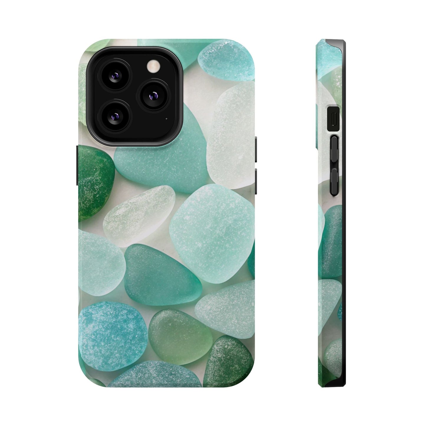 iPhone case with sea glass inspired design in soft blue and green tones, durable protective dual-layer with MagSafe magnet.