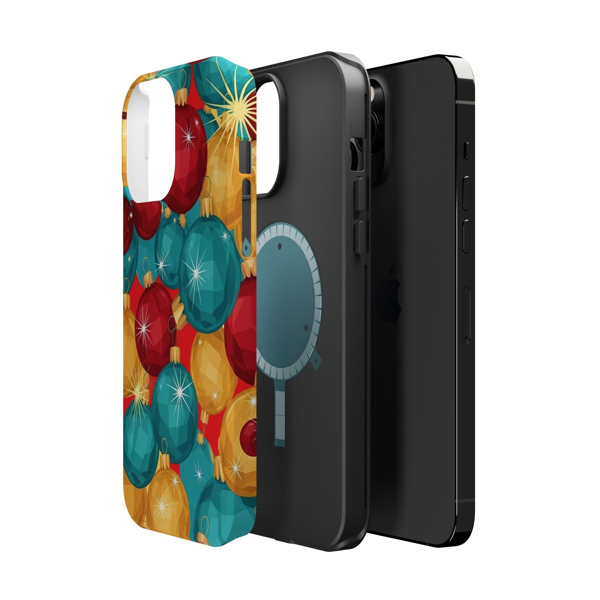 iPhone case with Christmas Tree Sparkle Bulbs design in vibrant red, blue, and gold colors, dual-layer protection, and MagSafe compatible