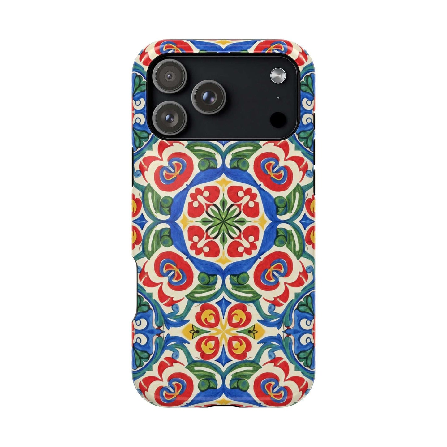Mediterranean iPhone case with hand-painted Spanish ceramic tile pattern in vibrant blues, reds, and greens, impact-resistant and MagSafe compatible