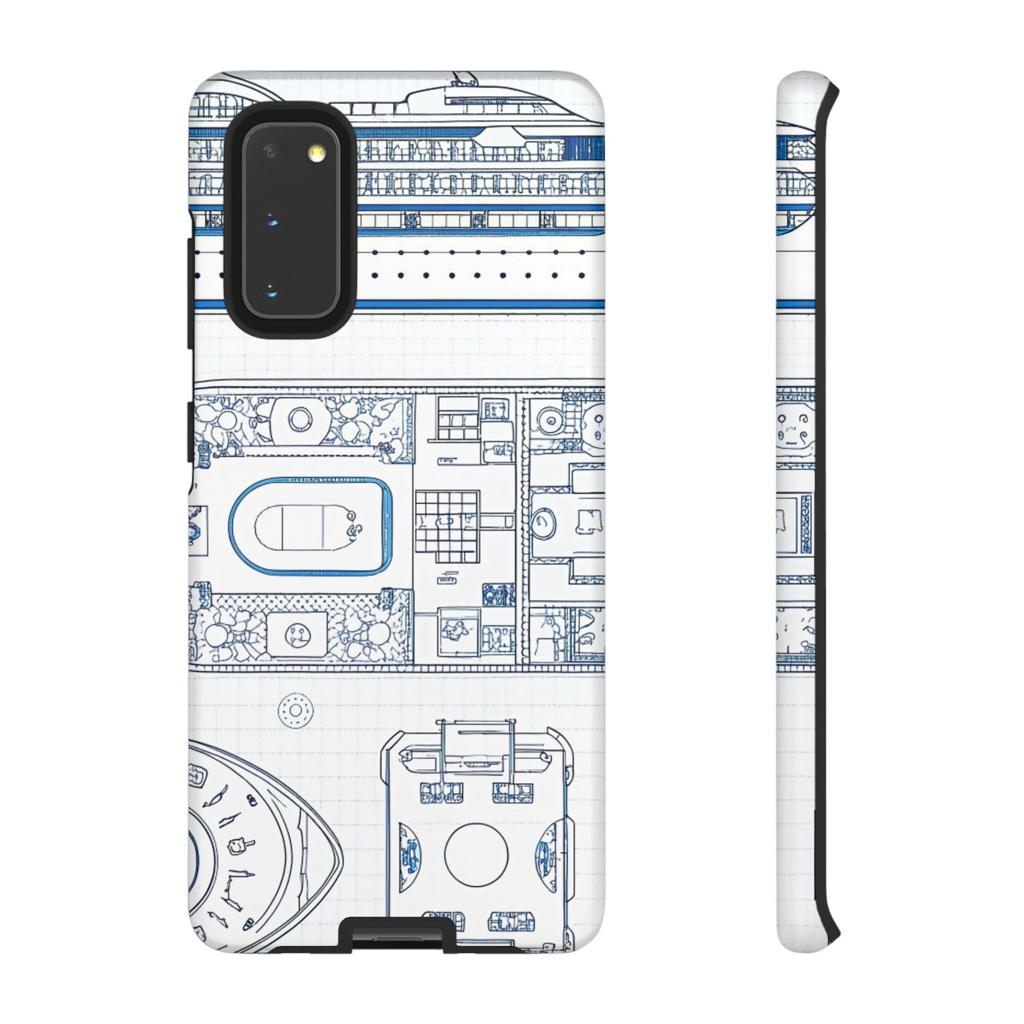 Samsung phone case with detailed cruise ship design blueprint in blue and white for durable protection and stylish travel accessory