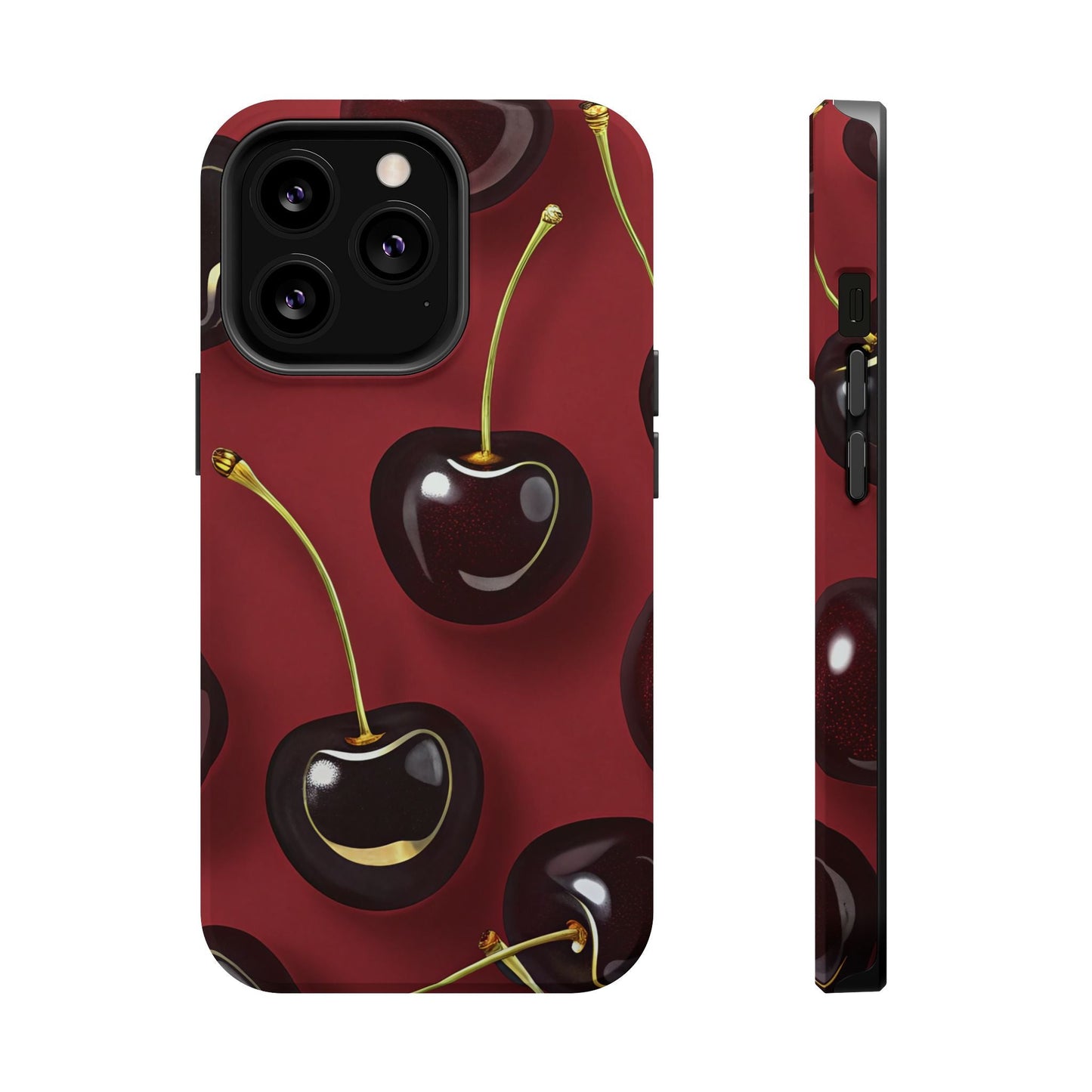 Cherry iPhone tough case with dual-layer protection and vibrant cherry print, MagSafe compatible.