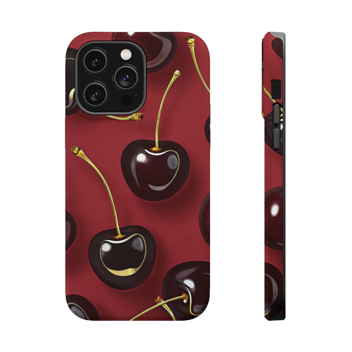 Cherry iPhone tough case with vibrant cherry print, dual-layer protection, and MagSafe compatibility