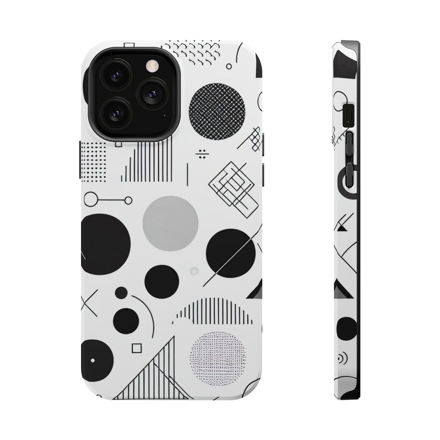 Black and white abstract art iPhone case with modern minimalist geometric design and protective dual-layer construction