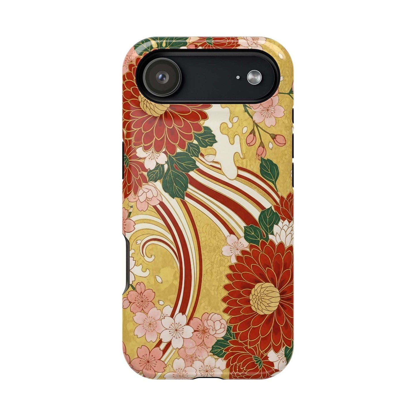 iPhone case with Japanese chrysanthemum and cherry blossom floral design, impact-resistant and MagSafe compatible