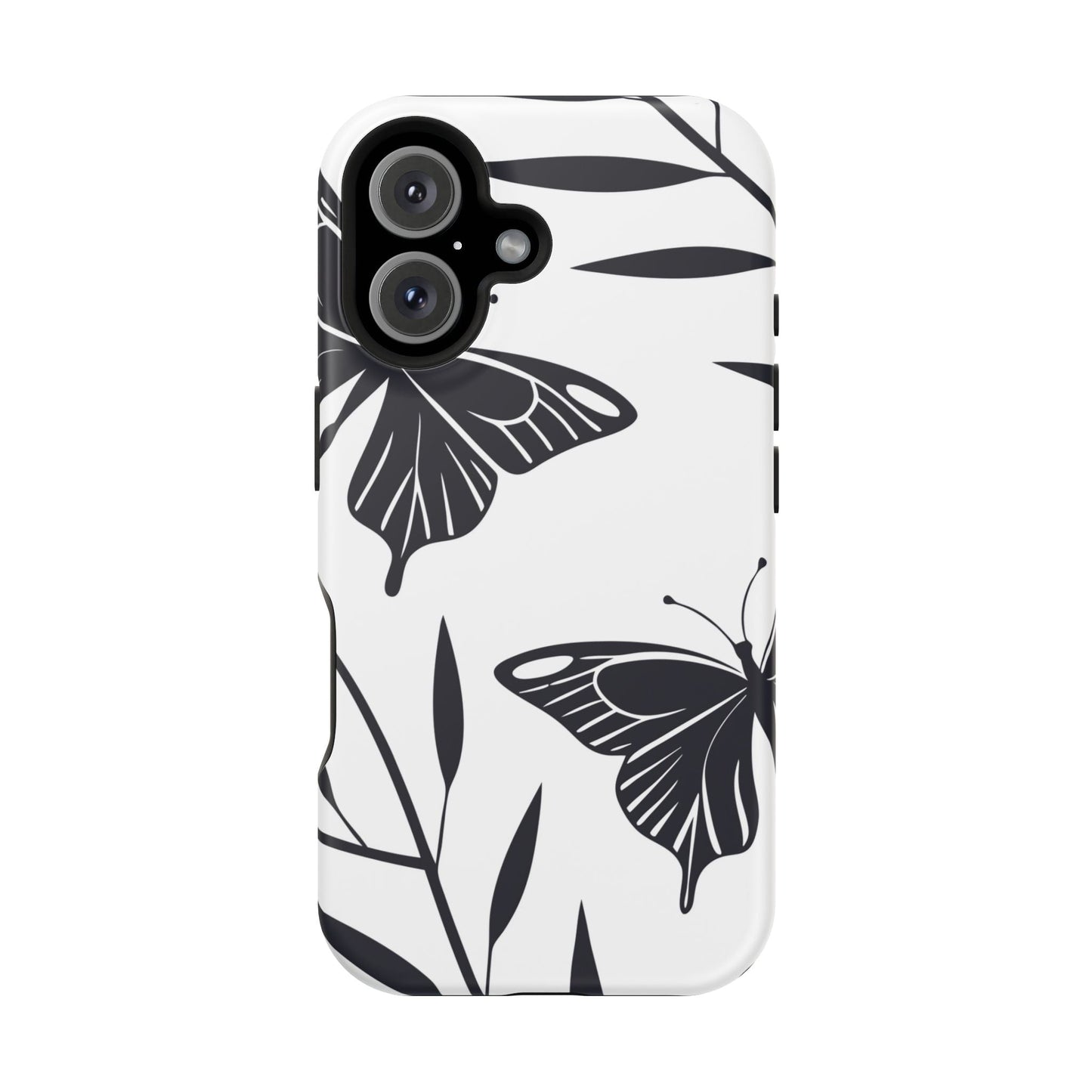 Black and white minimalist butterfly design iPhone case with durable dual-layer protection and MagSafe compatibility