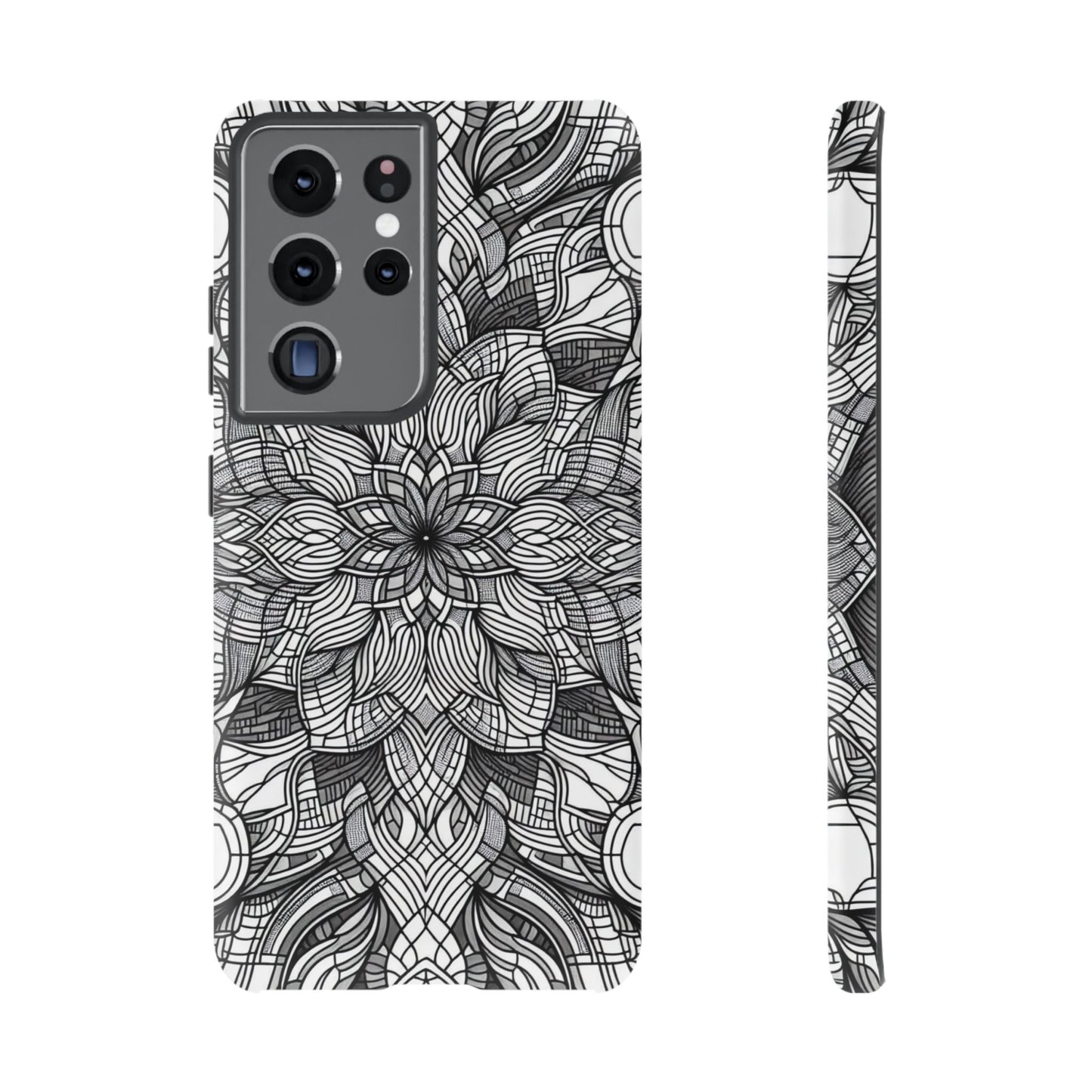 Black and white intricate art explosion design Samsung Galaxy phone case with full protective coverage