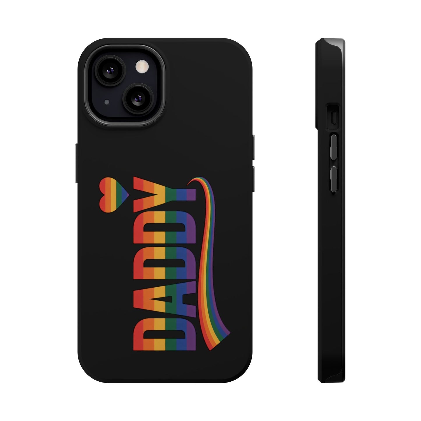 Black iPhone tough case with rainbow "DADDY" text and heart design for Fun Daddy LGBT Daddy theme
