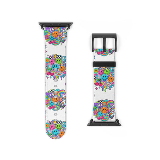Floral Smiley Watch Band — Colorful Happy Face Apple Watch Strap