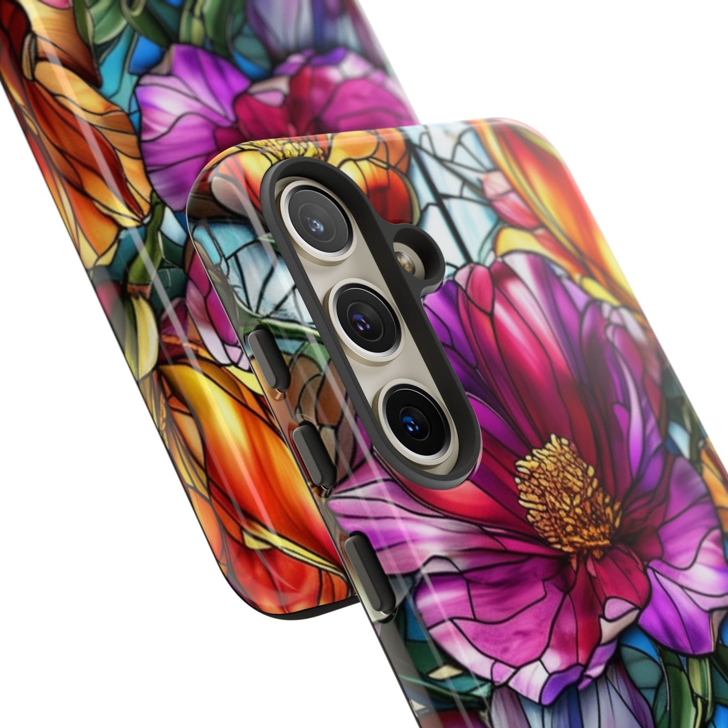 Samsung phone case with vibrant purple flower design, durable impact-resistant protection, and full 3D wrap with UV coating.